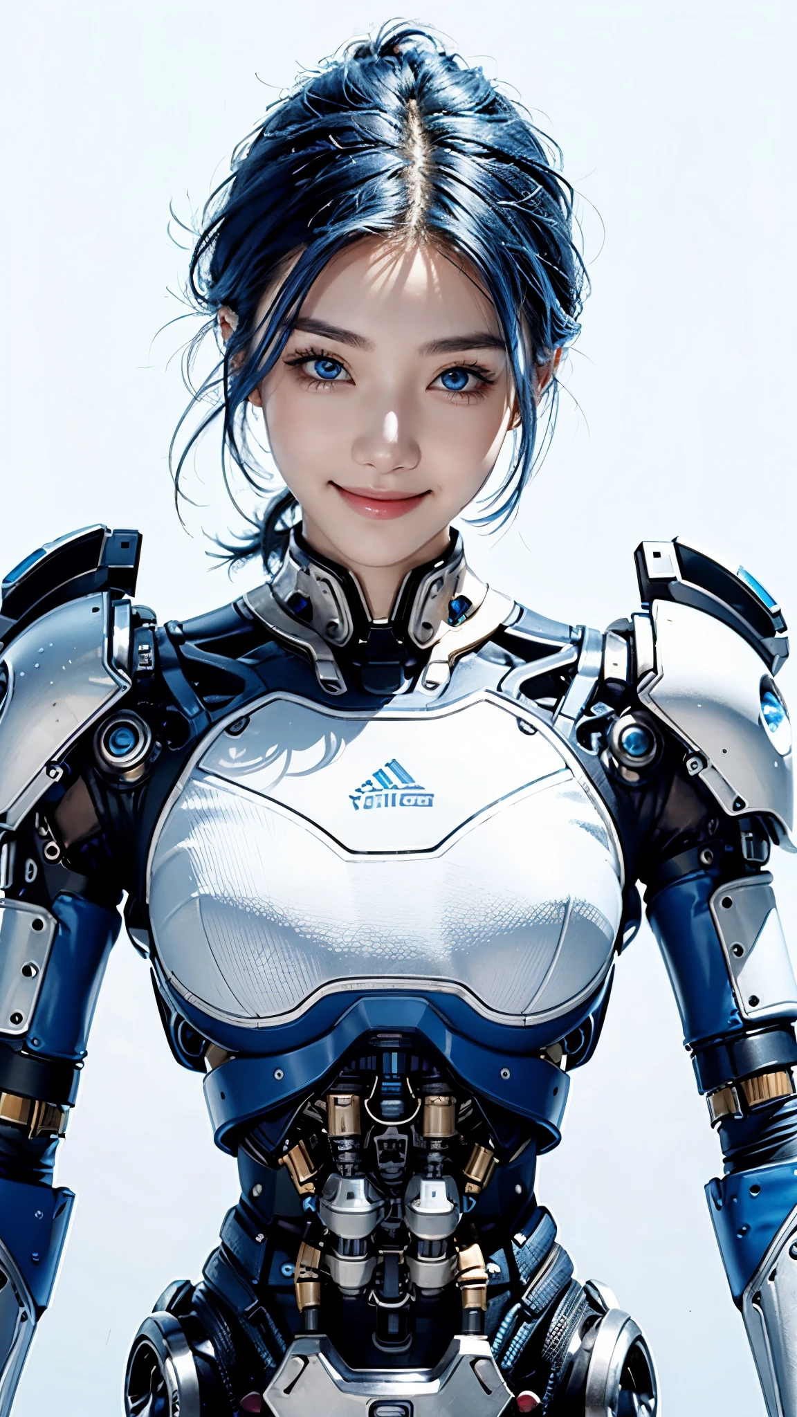 Best quality: 1.0), (super high resolution: 1.0), Korean, short blue hair, blue eyes, smiling, looking at viewer, cyborg, ((white background )), mechanical arms, mechanical