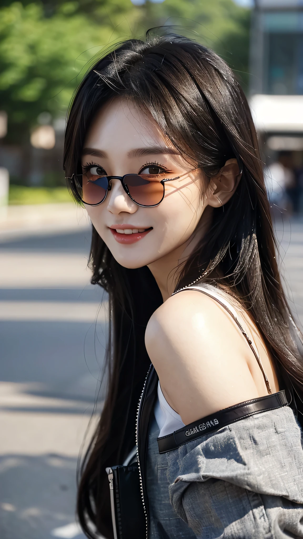 masterpiece、top-quality)、1 beutiful girl、(( plain clothes:1.1))、((Wearing black sunglasses )), (Detailed beautiful eyes), ((Detailed skin)) , ((Detailed beautiful hair))、((Smaller face))、((Neutral face))、((Face seen from the side))、((Light brown eyes))、((Korean Girl))、((18year old))、((cool lady))、((A shy smile on his face))、((Korean Makeup))、((elongated and sharp eyes))、((Happy dating))、((Shot from the same height as your face)、), ((CG rendering)), ((Blurred background)), ((deep shadow)), ((16K)), ((Very detailed)), ((wallpaper)), ((depth of field)), ((movie light)), (( Ray tracing)).