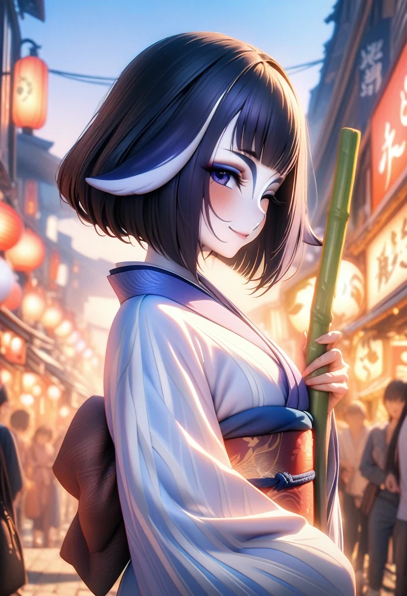 (shylily/(Twich/):1.5),(masterpiece:1.2),(best quality:1.2),(((top quality, 8k, masterpiece))), Clear focus, (Beautiful Women in Perfect Shape), slim, (hairstyle: up)), ((kimono: sugar cane)), street: 1.2 highly detailed faces and skin textures detailed eyes double eyelids random poses, (Smile),super cute Japan person,super beauty Japanese girl, Realistic face, double eyelids,Smile,Summer Day Festival , Sunset ,Fireworks background.