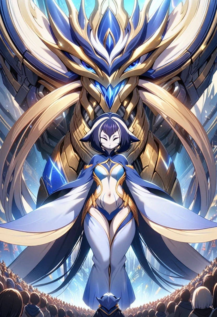 (shylily/(Twich/):1.5),(masterpiece:1.2),(best quality:1.2),Large robots in anime, The golden robot looks heroic,Huge mechanical structure, Microchip, , shine, Intricate details,, 1 girl standing in front of the audience, navel, whole body