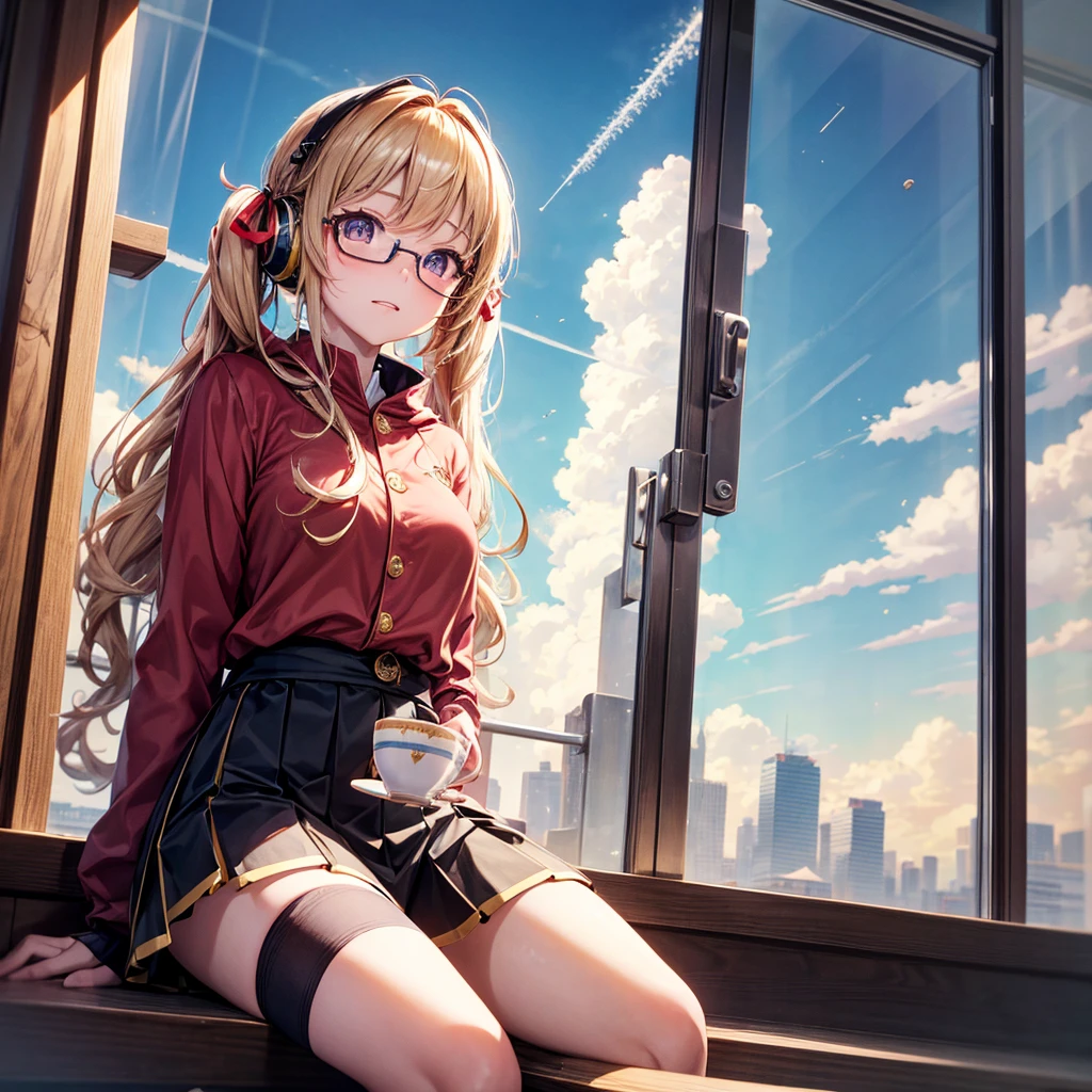 Pink gold golden hair、Golden Eyes、One good looking girl、Twin tails、solo、anime、Checkered mini skirt、The skirt has buttons、Red T-shirt、Long sleeve、China、Cape、Black knee-high socks、Wearing headphones、Wearing a ribbon、Ribbon on waist、Tilting face、Teeth are visible、Sunset sky、The rocks are exploding、Snow is piled up、Rocky Mountain、The clouds are breaking through、Contrail、Glasses、Behind him is a giant World Tree piercing the clouds.、Sitting、Automatic door、Burning Teacup、suspension bridge、Golden Sugar、Touching your face