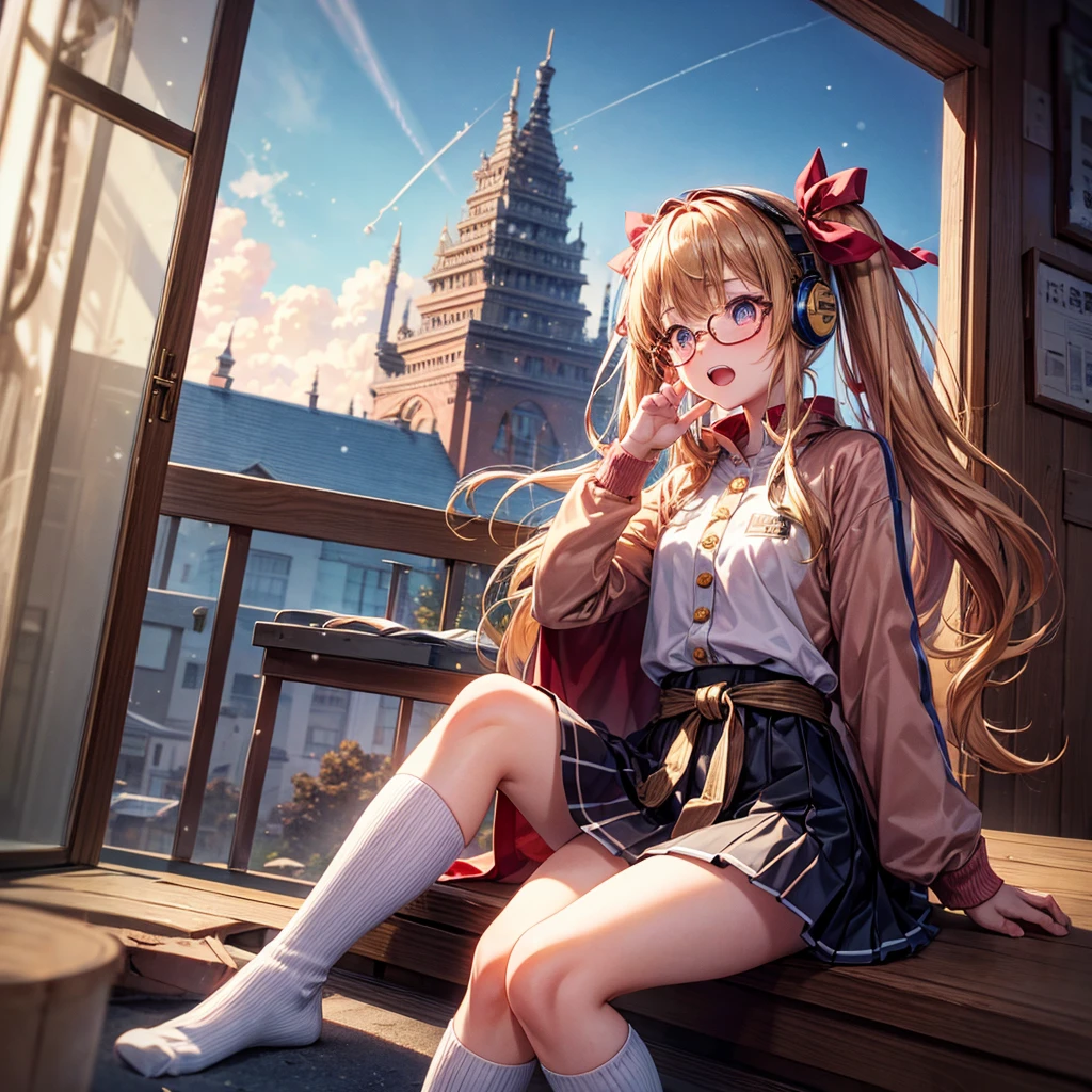 Pink gold golden hair、Golden Eyes、One good looking girl、Twin tails、solo、anime、Checkered mini skirt、The skirt has buttons、Red T-shirt、Long sleeve、China、Cape、Black knee-high socks、Wearing headphones、Wearing a ribbon、Ribbon on waist、Tilting face、Teeth are visible、Sunset sky、The rocks are exploding、Snow is piled up、Rocky Mountain、The clouds are breaking through、Contrail、Glasses、Behind him is a giant World Tree piercing the clouds.、Sitting、Automatic door、Burning Teacup、suspension bridge、Golden Sugar、Touching your face
