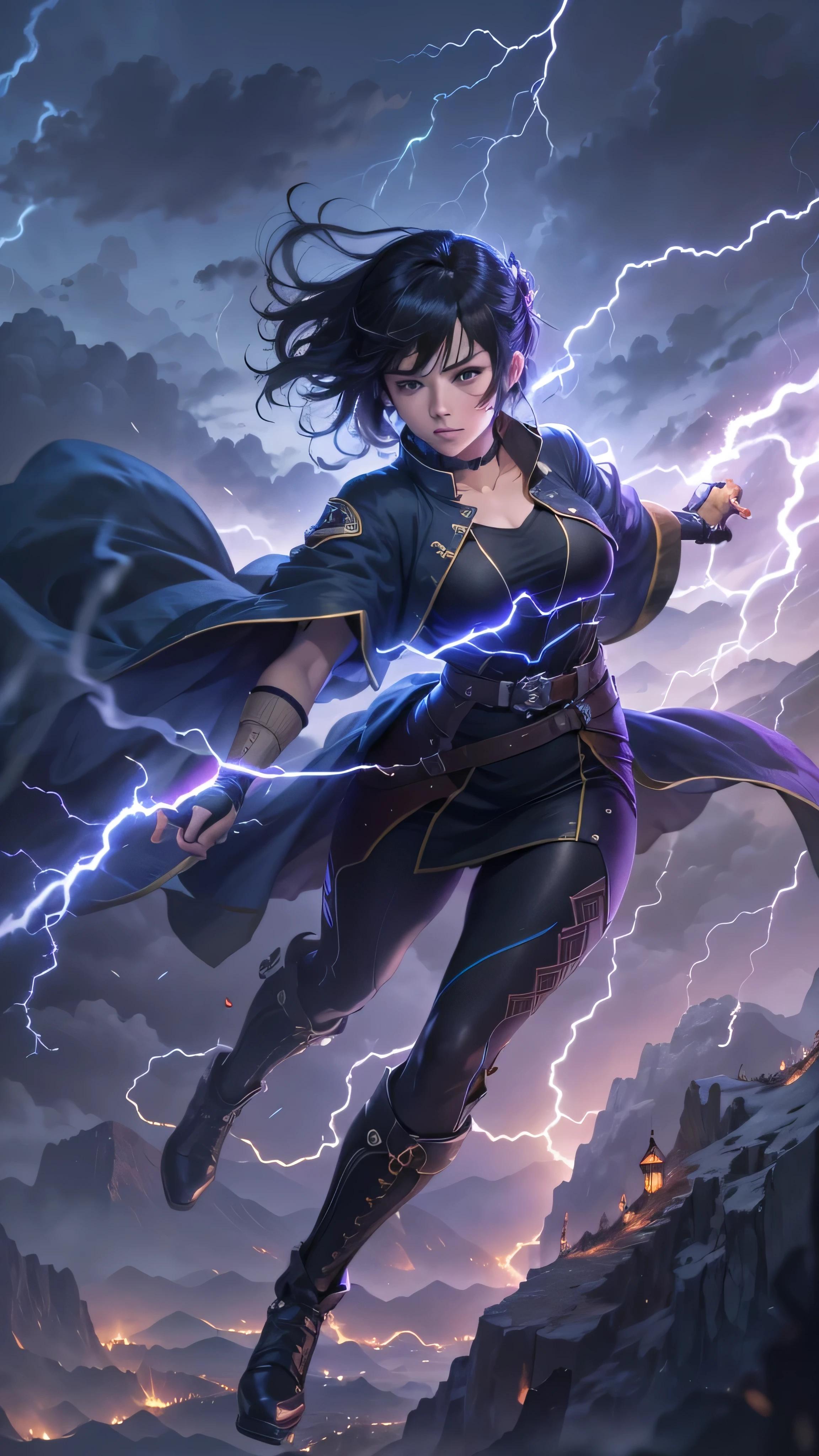 1girl, highly detailed, masterpiece, best quality, correct hands, small breasts, short black hair, short hair, blue eyes, black robe, black pants, purple shirt, blue vest, defined curves, smug look, satisfied look, mountain background, storm, lightning, stormy atmosphere, flying, floating above the ground, surrounded by lightning, static sparks, sword