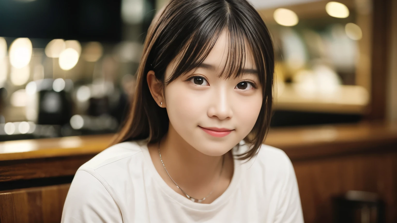 masterpiece, highest quality, 8k, Disorganized person, (Upper Body:1.4), Stylish cafe,White shirt, beautiful girl, Pretty face, Looking at the audience, smile, Ultra-realistic, High resolution, photograph, Sharp focus, High resolution, Face Light, Dynamic Lighting, Cinema Lighting, Professional Shadow, Beautiful cafe background, Best details, Very detailed, Very detailed, finely, Real Skin, Delicate facial features, Detailed face and eyes, Sharp pupils、Real students