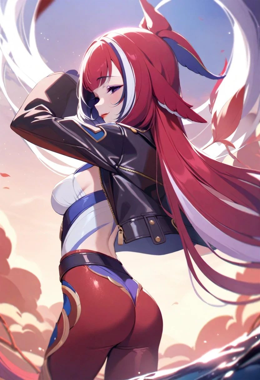 (shylily/(Twich/):1.5),(masterpiece:1.2),(best quality:1.2),（Cute girls），15 years old，seductive smile，red rhombus crystal，red bird feathers，Empty eyes，Blood-red lips,The sleeves are extra-long，Red bird feather headdress，fire burns hair，White Cloud，A sea of red leaves and vines，Dream bubbles，Black nails，silver crown，red lotus，leather jacket，Black handguards，Red leggings，Turn around，back to head