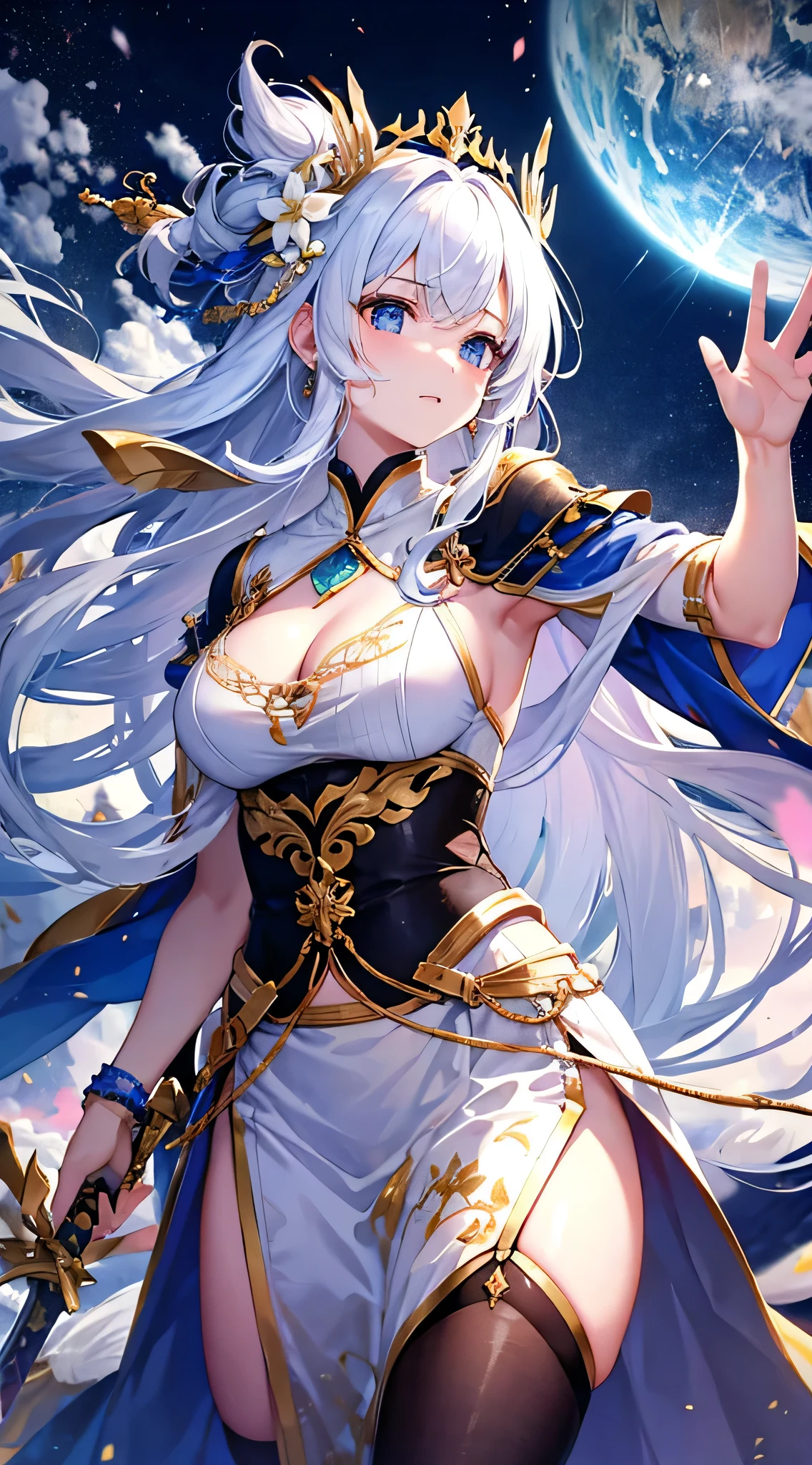 Draw the Sword of Snowy Mountain, Ancient women's cold ice flame sword, A sword blazing with blue flames in hand, A sword in white dancing in the snow, long hair fluttering, Beautiful woman holding a silver sword, Wearing jade jewelry, Her face is full of a confident smile, She's floating in the clouds like a fairy, Behind her is a mountain々There are layers of