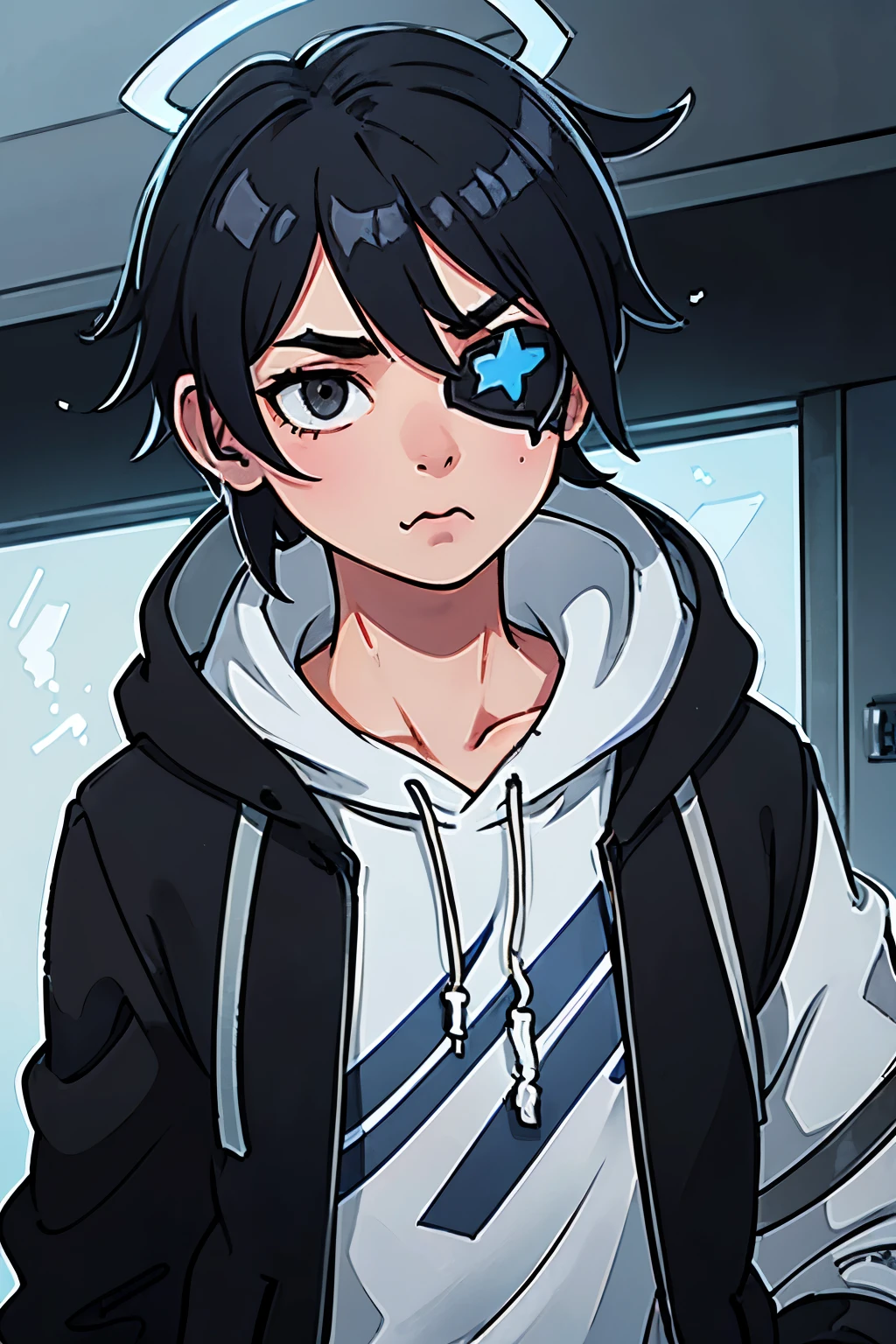 1boy, ager, black hair with blue tips, gray hoodie, black bagpack, eyepatch, scar across eye, headphones, behind-the-head headphones, hood down, pout, depth of field, cinematic lighting, reflection light, bloom, anatomically correct, super detail, high quality, ccurate, HD
