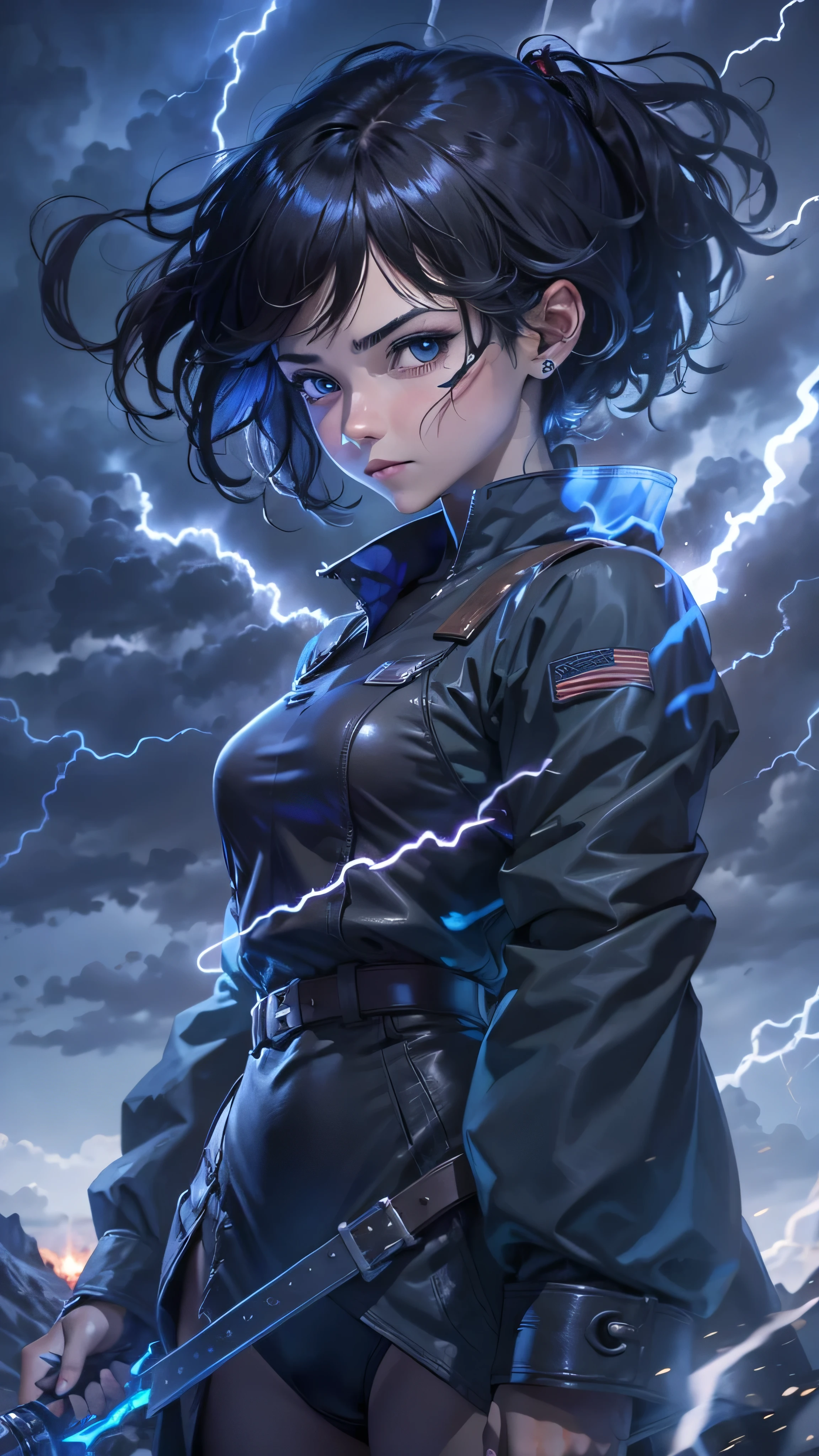 1girl, highly detailed, masterpiece, best quality, correct hands, small breasts, short black hair, short hair, blue eyes, black robe, black pants, purple shirt, blue vest, defined curves, smug look, satisfied look, mountain background, storm, lightning, stormy atmosphere, flying, floating above the ground, surrounded by lightning, static sparks, sword