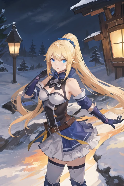 highest quality, High resolution, One girl, Long Hair, Blonde, x hair ornaments, armor, blue eyes, ponytail, hair ornaments, gloves, shoulder armor, Braiding, black gloves, Scapula, White boots, darkness \(KonoSuba\), Large Breasts, Cowboy Shot, city, Outdoor, smile