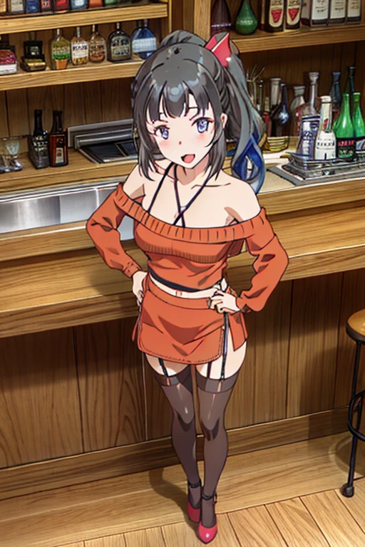 (from above:1.2),(from side:0.9), ((Face)), (Close-Up:0.4), masterpiece,"A 26-year-old girl stands at a bar counter. She is dressed in a stylish off-shoulder dress, sweater dress, off-shoulder sweater, red sweater,garter stocking, cleavage:1.1, midriff, black thighhighs, pretty girl, (highly detailed beautiful face and eyes,firm breasts),real skin,((black,hair,long pony tail hair)),thin pubic hair,cute and lovely pose, detailed eyes, This masterpiece is only visually stunning but also tells,(small breasts:1.1,under bust:0.6),(with sparkling eyes and a contagious smile),open mouth. The bar is beautiful, with colorful bottles of alcohol in the background and a soft glow from neon lights. The atmosphere is relaxed, and the girl looks confident and fashionable.",full body, sexy pose,make a cocktail , in a bar counter, Looking at Viewer,