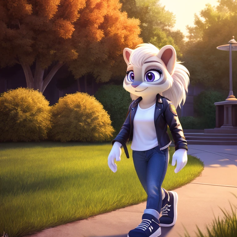 Anthro White Tiger, female, solo, white fur, white skin, white hair with black highlights, flowing hair, fluffy hair, violet eyes, shiny eyes, white shirt, jeans, glove, sneakers, park, path, grass, sunny, noon, standing, shiny hair, masterpiece, high quality, studio quality, intricate details, best quality, ultra-detailed, cinematic lighting, beautiful lighting, hi res, detailed, vibrant lighting, detailed background, zootopia inspired art style, long ponytail, fit, detailed irises, short leather jacket, 1girl, fluffy bangs