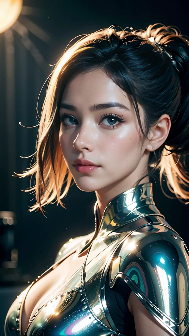 highest quality, masterpiece, Realistic,  smile、Adult women、 Metallic Dresses, Messy [Updo|Hanging] hair,  alone,   Detailed Background, Detailed face, Sc3pt4, Sci-Fi Theme:1.1), Mercury Wizard, melancholic, Surrounded by iridescent silver waves, Image of alchemy, reflection, silver liquid, Metallic luster, Shiny, Dynamic pose, Fluid movement, Suspended particles, Drops of mercury, Flowing Metal, Mercury Blend, Alien planet in the background, Dripping mercury layer, Volumetric lighting, Cinematic atmosphere, Sharp details, Skin with attention to detail, Realistic skin texture, Adult sexiness