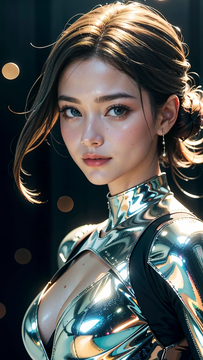 highest quality, masterpiece, Realistic,  smile、Adult women、 Metallic Dresses, Messy [Updo|Hanging] hair,  alone,   Detailed Background, Detailed face, Sc3pt4, Sci-Fi Theme:1.1), Mercury Wizard, melancholic, Surrounded by iridescent silver waves, Image of alchemy, reflection, silver liquid, Metallic luster, Shiny, Dynamic pose, Fluid movement, Suspended particles, Drops of mercury, Flowing Metal, Mercury Blend, Alien planet in the background, Dripping mercury layer, Volumetric lighting, Cinematic atmosphere, Sharp details, Skin with attention to detail, Realistic skin texture, Adult sexiness