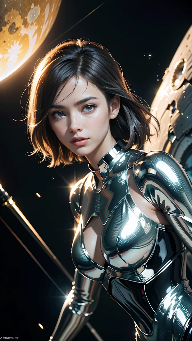 highest quality, masterpiece, Realistic,  smile、Adult women、 Metallic Dresses, Messy [Updo|Hanging] hair,  alone,   Detailed Background, Detailed face, Sc3pt4, Sci-Fi Theme:1.1), Mercury Wizard, melancholic, Surrounded by iridescent silver waves, Image of alchemy, reflection, silver liquid, Metallic luster, Shiny, Dynamic pose, Fluid movement, Suspended particles, Drops of mercury, Flowing Metal, Mercury Blend, Alien planet in the background, Dripping mercury layer, Volumetric lighting, Cinematic atmosphere, Sharp details, Skin with attention to detail, Realistic skin texture, Adult sexiness
