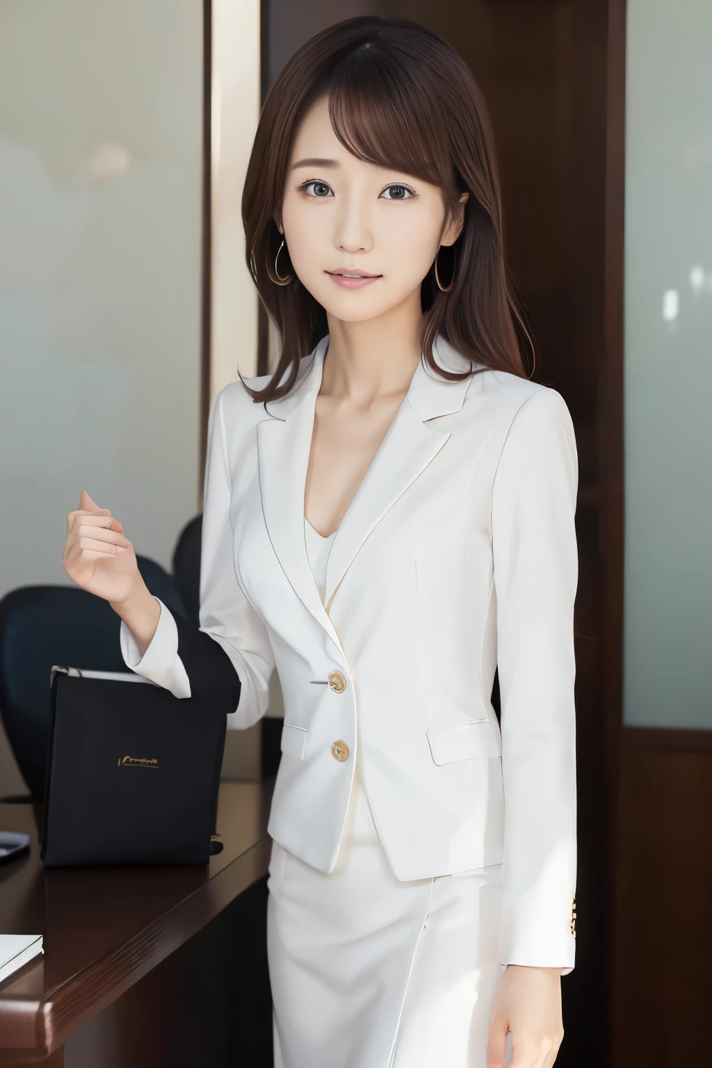 suit,2 lady,brealistic,(ultra quality:1.2),japanese,high quality,masterpiece,(ultra detailed:1.4),40yo japanese lady,beautiful face,(real bra),(skirt-suit:1.1),((office)),(small breast),slender,highres,