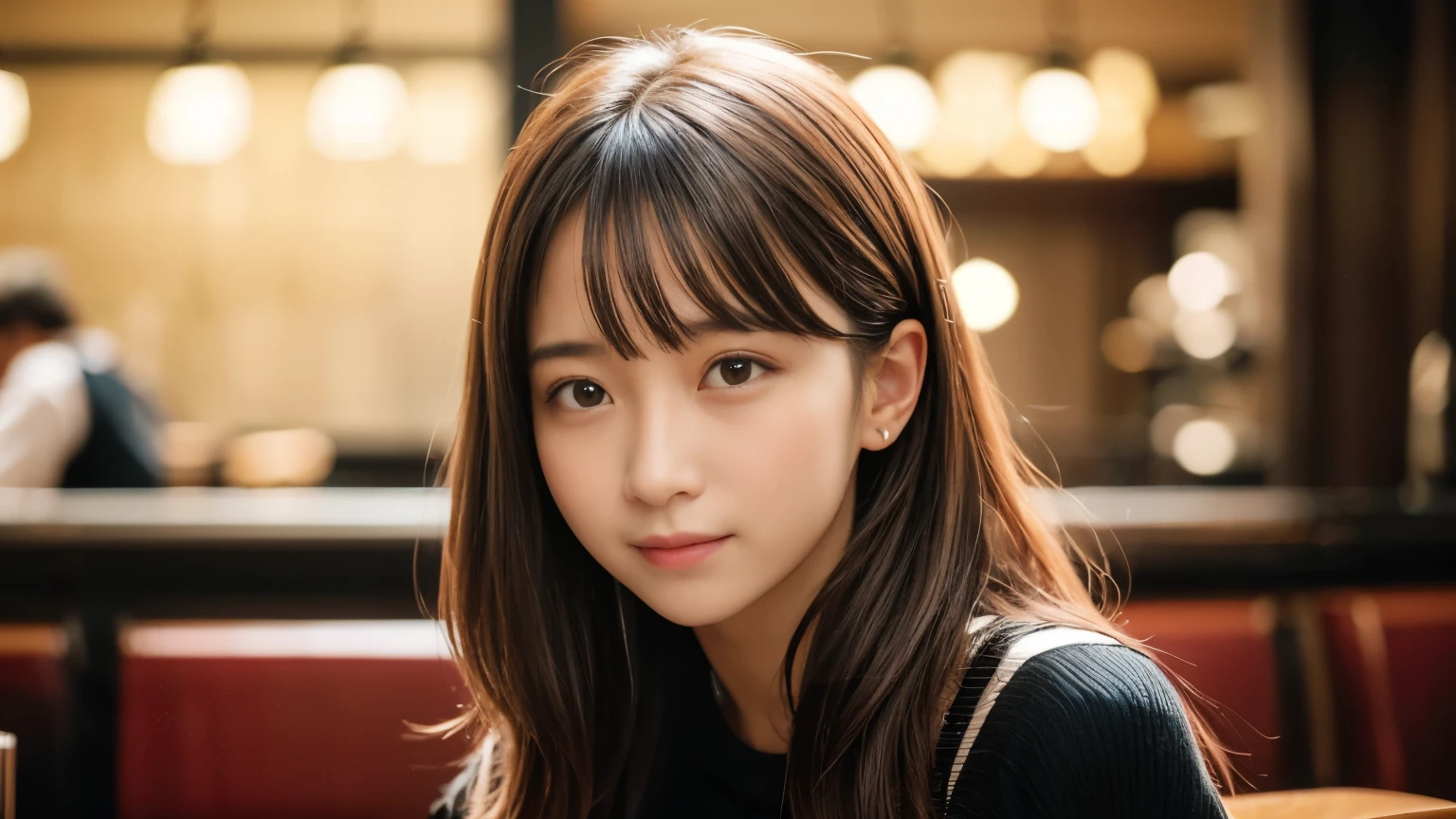 masterpiece, highest quality, 8k, Disorganized person, (Upper Body:1.4), White shirt, beautiful girl, Pretty face, Looking at the audience, smile, Ultra-realistic, High resolution, photograph, Sharp focus, High resolution, Face Light, Dynamic Lighting, Cinema Lighting, Professional Shadow, Beautiful cafe background, Best details, Very detailed, Very detailed, finely, Real Skin, Delicate facial features, Detailed face and eyes, Sharp pupils、Real students
