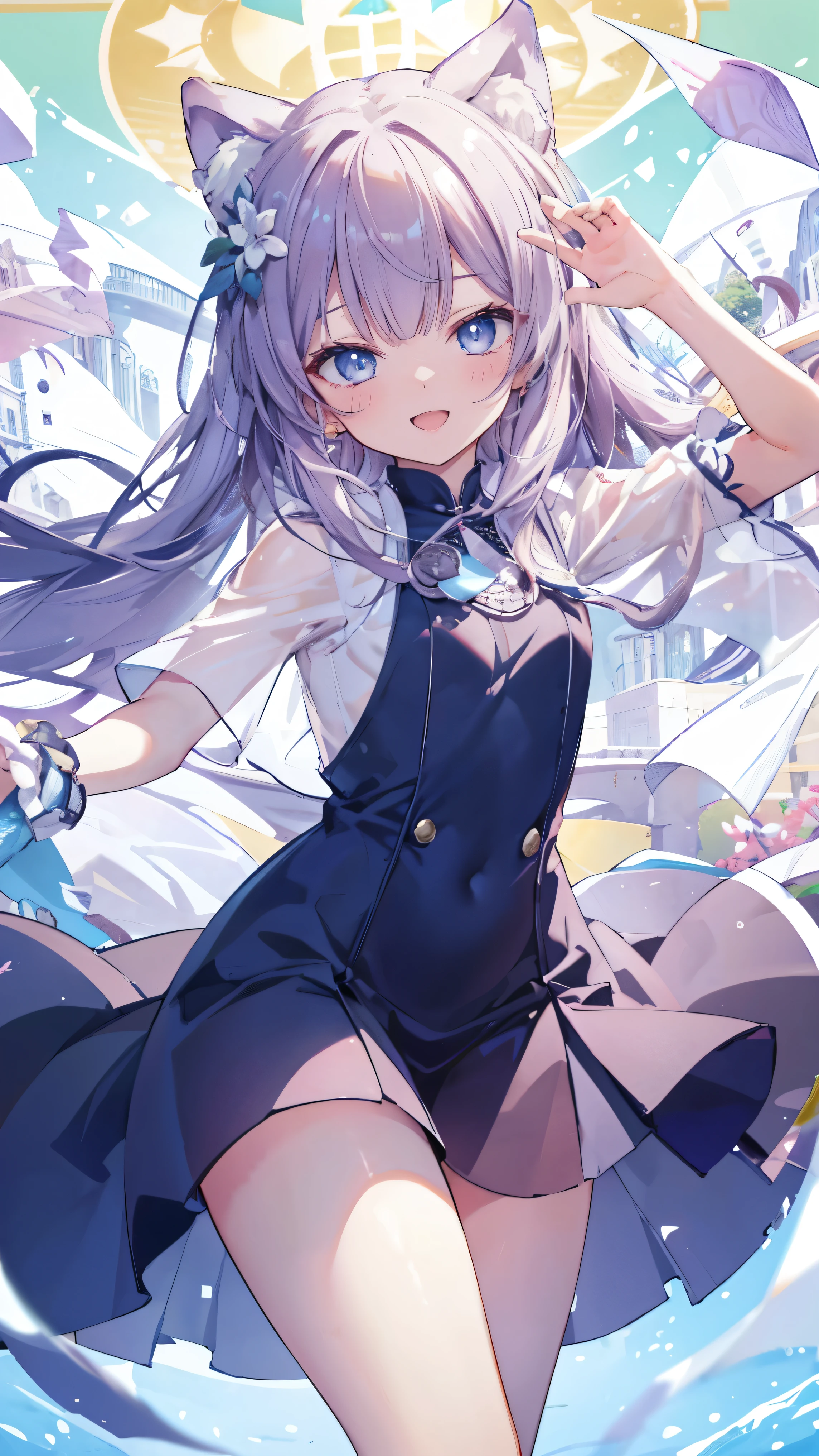 Masterpiece、Highest quality、highest quality、((((Transparency))))、(Open Mouth Smile)、Shiny hair quality、Small face、Dynamic pose、Super detailed, beautiful, wide eyes、Ultra-detailed, clear and beautiful faces、(cute illustration:1.2), High-resolution, ultra-detailed, best quality, embarrassed、Thighs