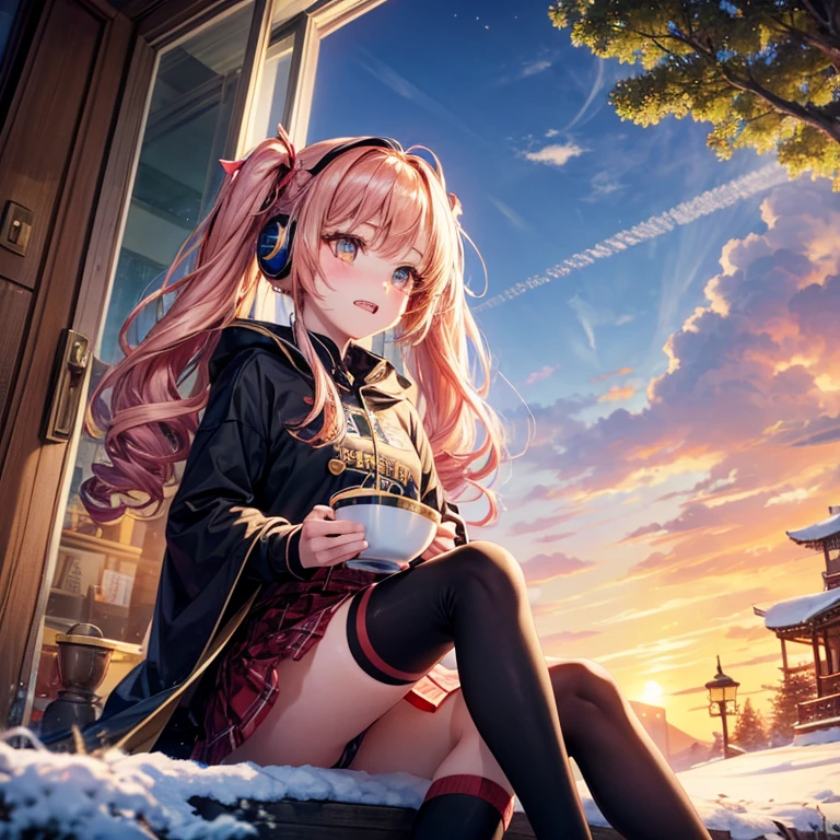 Pink gold golden hair、Golden Eyes、One good looking girl、Twin tails、solo、anime、Checkered mini skirt、The skirt has buttons、Red T-shirt、Long sleeve、China、Cape、Black knee-high socks、Wearing headphones、Wearing a ribbon、Ribbon on waist、Tilting face、Teeth are visible、Sunset sky、The rocks are exploding、Snow is piled up、Rocky Mountain、The clouds are breaking through、Contrail、Glasses、Behind him is a giant World Tree piercing the clouds.、Sitting、Automatic door、Burning Teacup、suspension bridge、Golden Sugar、Touching your face