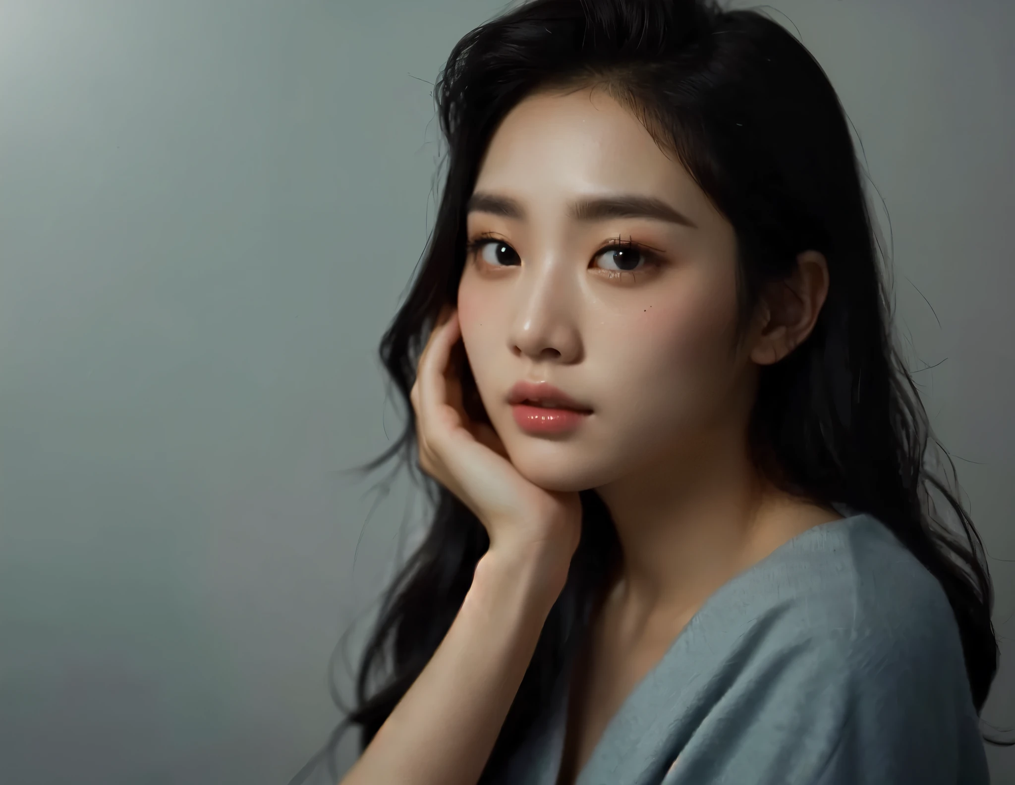 Asian。black eye、Black Hair。Big round eyes。Droopy eyes