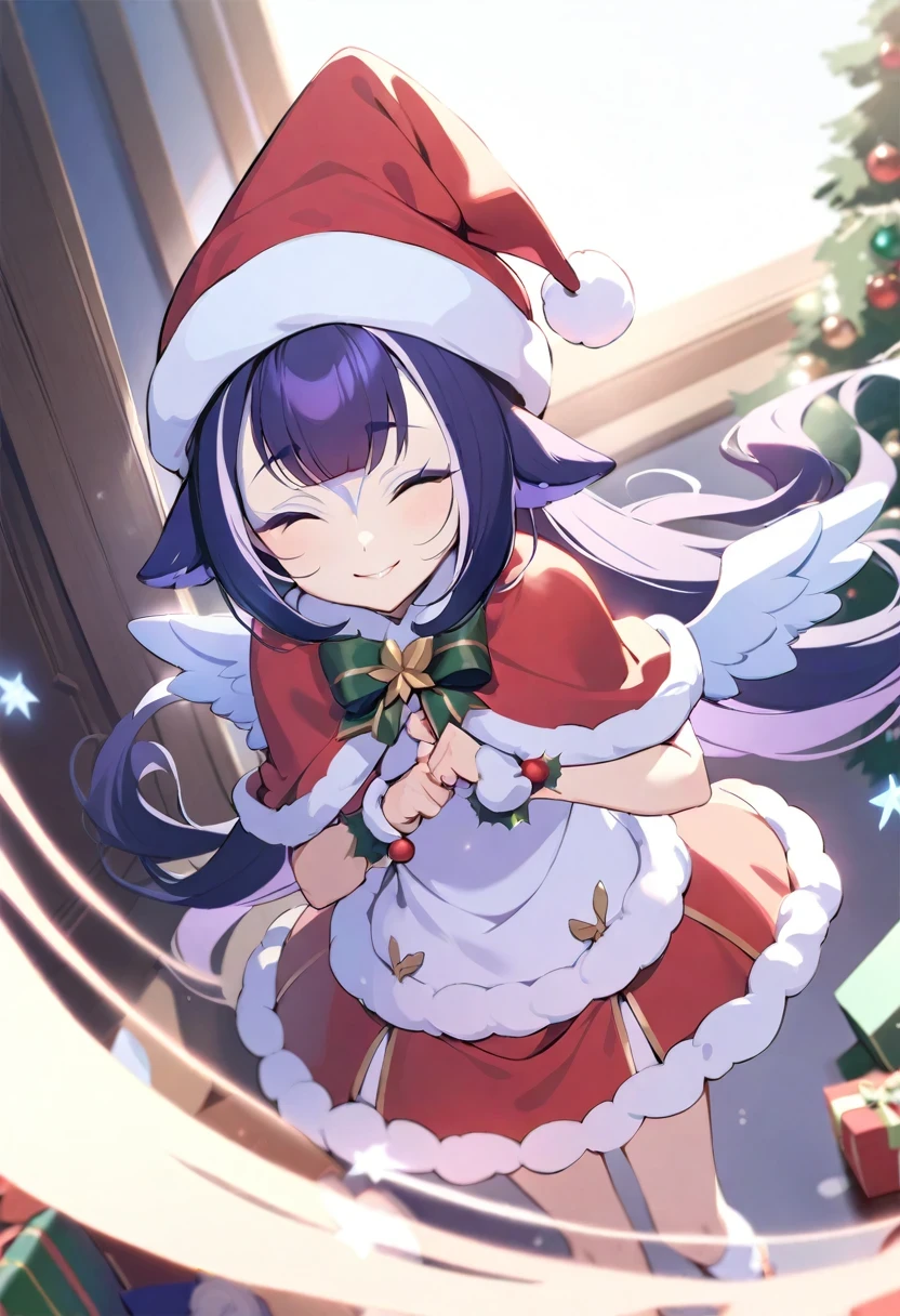 (shylily/(Twich/):1.5),(masterpiece:1.2),(best quality:1.2),Beautiful and delicate light, headlight, 1 Girl, Solitary, Christmas, Holy Cloth, (Santa Claus Hat), ((Magical girl)), Christmas Decorations, Smile, , (Double tail), (Angel Wings), Dynamic Angle, magic, struggle,
