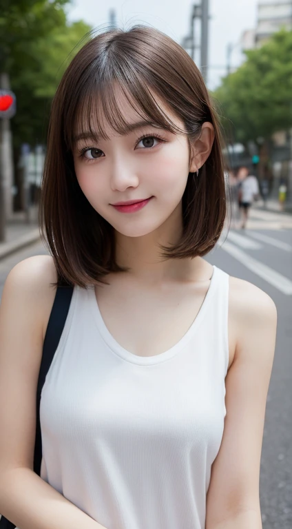 Tabletop, Highest quality, figure, Super detailed, In detail, High resolution, 8k wallpaper, Perfect dynamic composition, Beautiful attention to detail, dress, short hair, Center of chest, Natural color lip, Random sexy poses,smile, Blurred park background at night、20-year-old girl、huge 、Too much exposure、Tank top（black）、Expose your breasts、Slid、I keep my hair tied