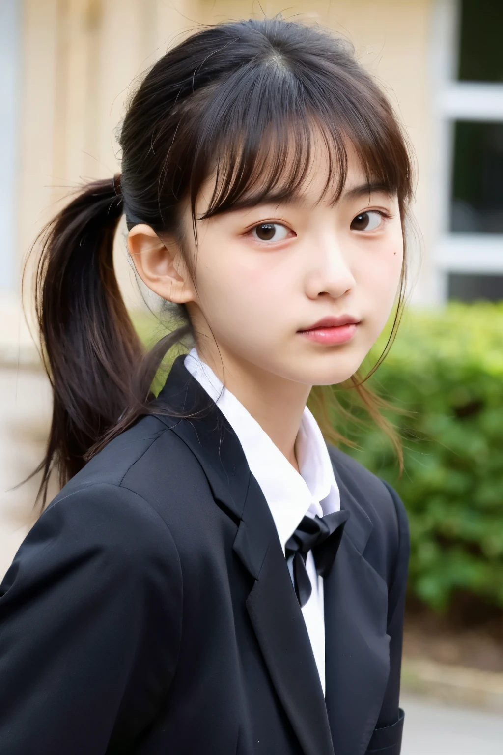 Bangs, neat and clean, ponytail, antennae, calm face, kind, high school student, black blazer uniform, dark skin, slightly thin eyes