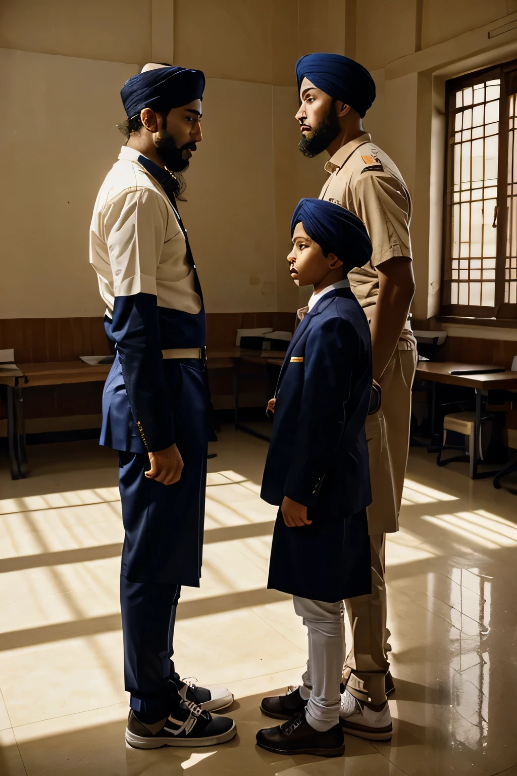 Reaistic photograph, two boys in their  arguing while rest of the boys watch on. One of the boys is a tall Sikh student. The setting is in some school in India. Everyone is wearing the same uniform