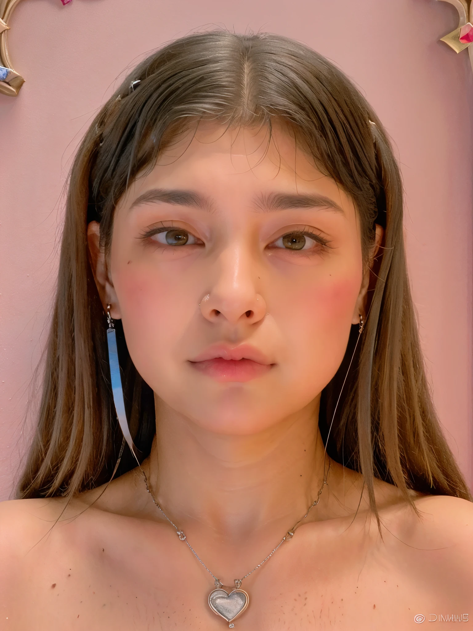 Uma  de 12 anos, with an angelic face and brown skin, com bochechas rosadas, labios avermelhados , cabelo longo castanho escuro andulado mechas brancas, heart-shaped birthmark on her right cheek, usando um informe estiloso da casa da corvinal de hogwarts 