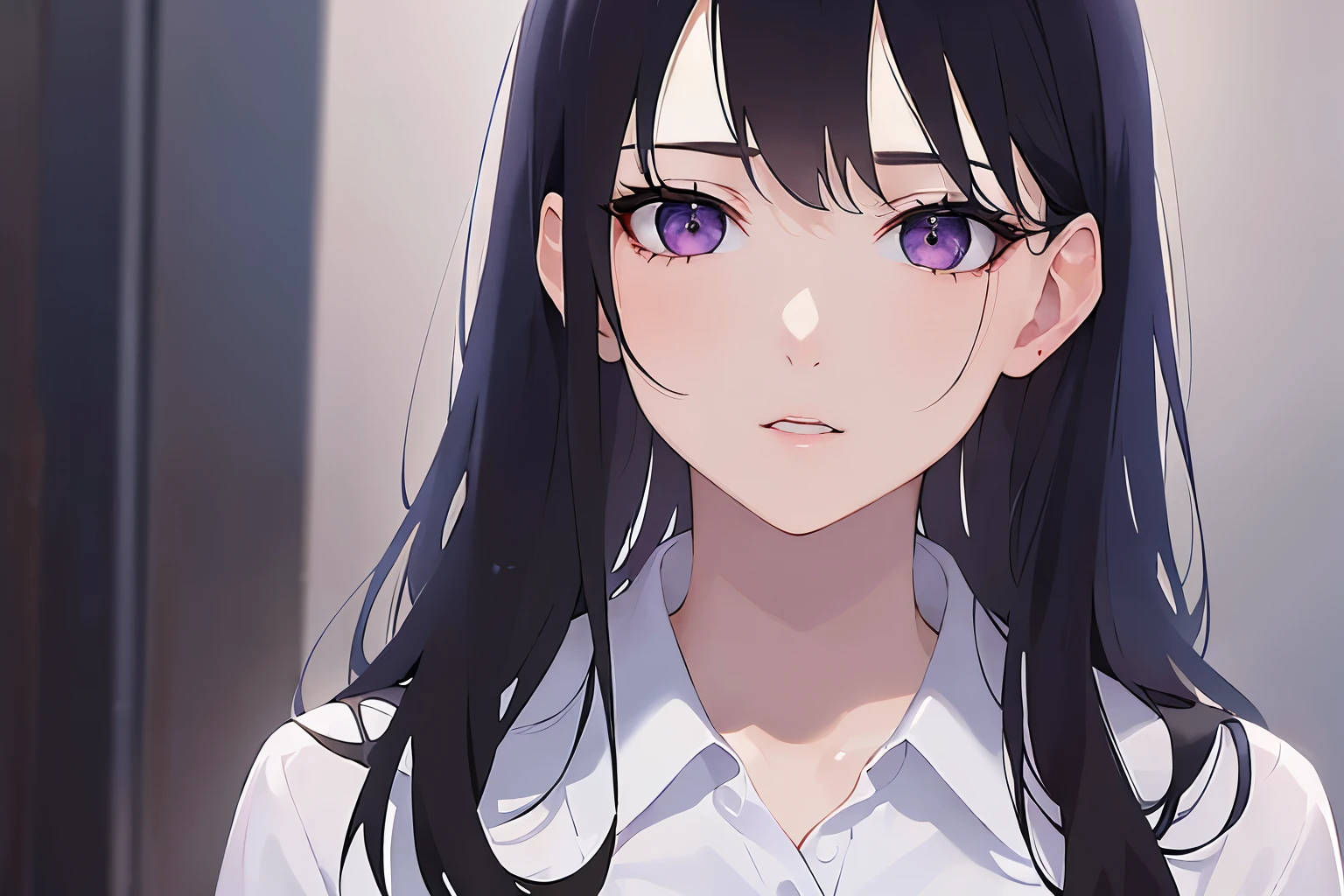 (looking away:1.5), cinematic angle, Upper body, Realistic, real person, (pale skin: 1.2), (RAW photo:1.5), photorealistic, shiny skin, shiny hair、(A 25-year-old woman with straight hair and bangs) and (medium hair) and (black hair) and (purple eyes) and (half eyes), (white collared shirt), (sad:1.3), open mouth, Background is an office room、alone、Are standing