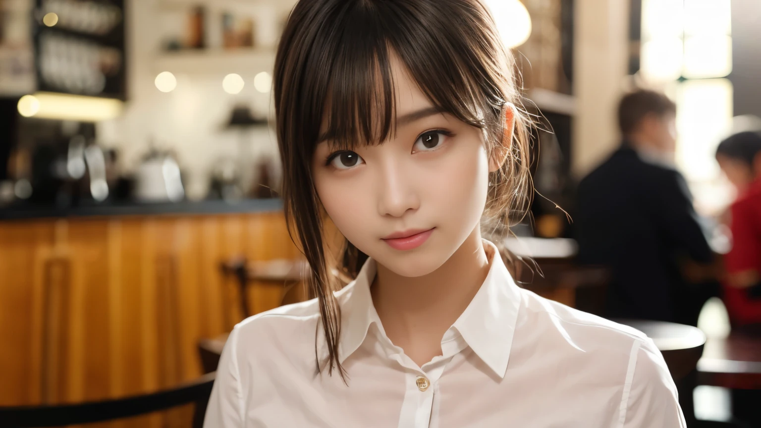 masterpiece, highest quality, 8k, Disorganized person, (Upper Body:1.4), Stylish cafe,White shirt, beautiful girl, Pretty face, Looking at the audience, smile, Ultra-realistic, High resolution, photograph, Sharp focus, High resolution, Face Light, Dynamic Lighting, Cinema Lighting, Professional Shadow, Beautiful cafe background, Best details, Very detailed, Very detailed, finely, Real Skin, Delicate facial features, Detailed face and eyes, Sharp pupils、Real students