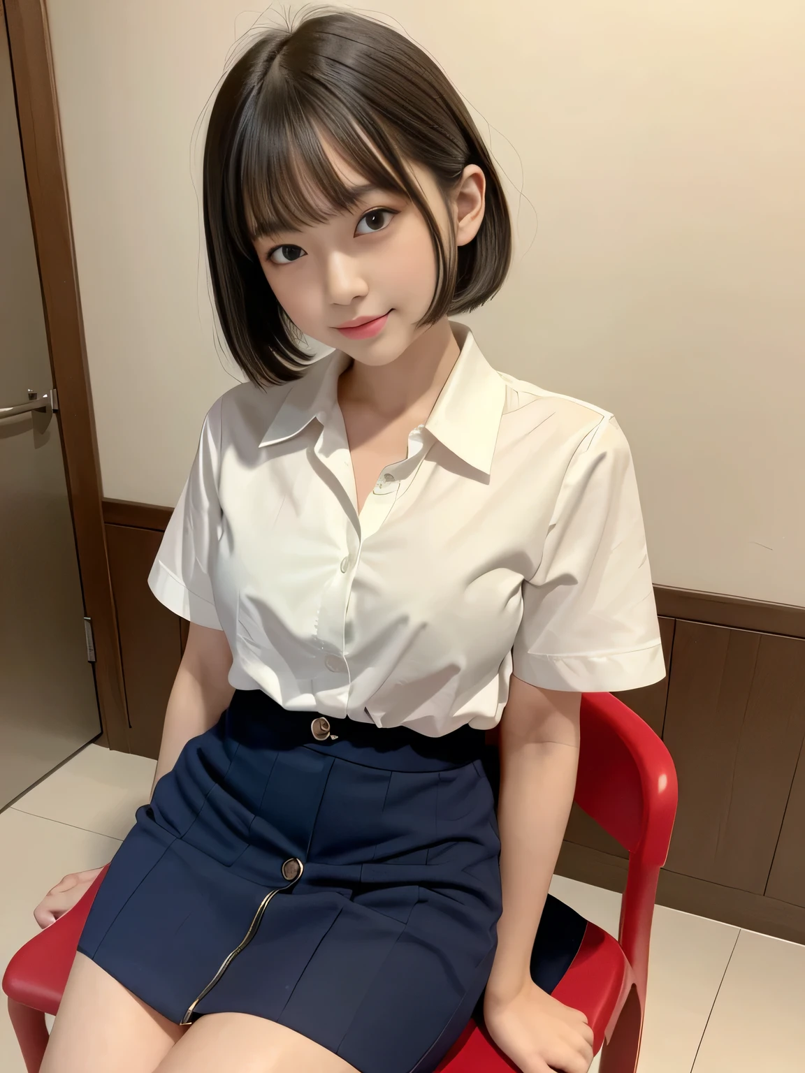 (highest quality、8k、32k、masterpiece、Hmph:1.2)、sexy、、Cute Japanese Women Photos、Twin tails、thin、slender、(Bobcut)、(Small Tits)、double eyelid、 Red open front shirt、Navy blue tie、Red mini skirt、Thighs、Blue Wall、whole body、smile、sexy、Sitting in a chair、Thighs are visible