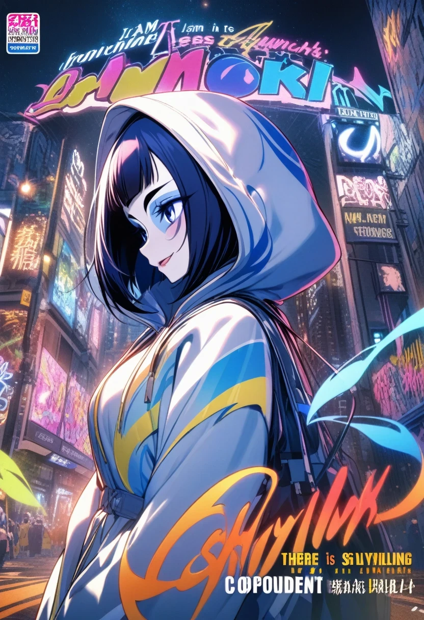 (shylily/(Twich/):1.5),(masterpiece:1.2),(best quality:1.2),Background dark and rough、Makes you feel the danger and power。The letter is eye-catching and striking、There is a catchy tagline，Adds to the overall sense of drama and excitement。The hue is predominantly dark、Comes in bright colors、 fashionable, woman, Energetic, clothing, posture, Ahead, rich and colorful, Dynamic, background, element, I am very confident, Express, fail, statement, Accessories, Grandiose, curled, surroundings, Touch, on site, letter, cover, Very bold, Attract attention, title, fashionable, Font, striking, title, Large, touching, Modern, trend, Key Points, Luo Fashion,m detailed background, masterpiece, Top quality, a smile, Decorative separation, Parka, Neon, Graffiti, turbid, night, 