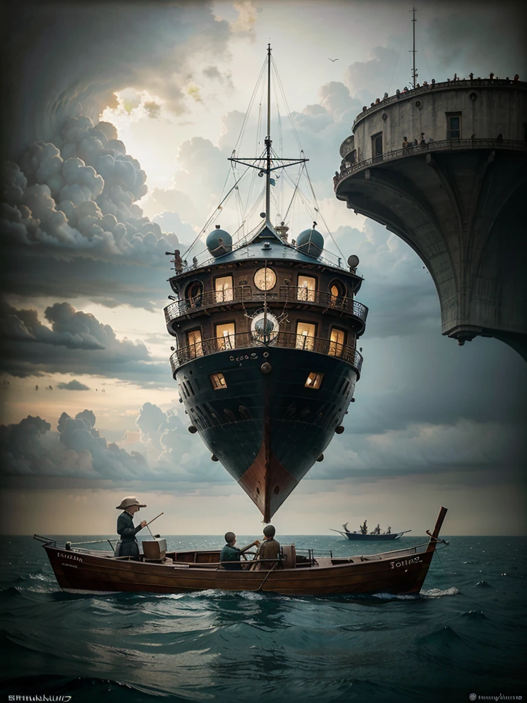 There is a picture of a boat with people on it, by shaun tan, magically shaped surrealism, by shaun tan. hyperrealism, Surreal art, Surrealism Art, whimsical surrealism, Jacek Jerka and Vladimir Kusz, Brian Despain, Surreal illustration, magical realism, whimsical art;, very detailed surreal art, Neo-surrealism, surreal painting, Benjamin Lacombe, Epic surrealism