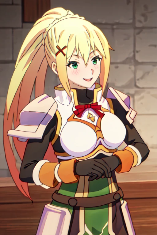 highest quality, masterpiece, High resolution, alone, {Lalatina_Dusty_ford_KonoSuba:1.15}, blonde_hair, length_hair, hair_ornament, Vatu_hair_ornament, ponytail, green_eye, Parody, Open_mouth, One girl, Day, null, smile, armor, green_null, cloud, gloves