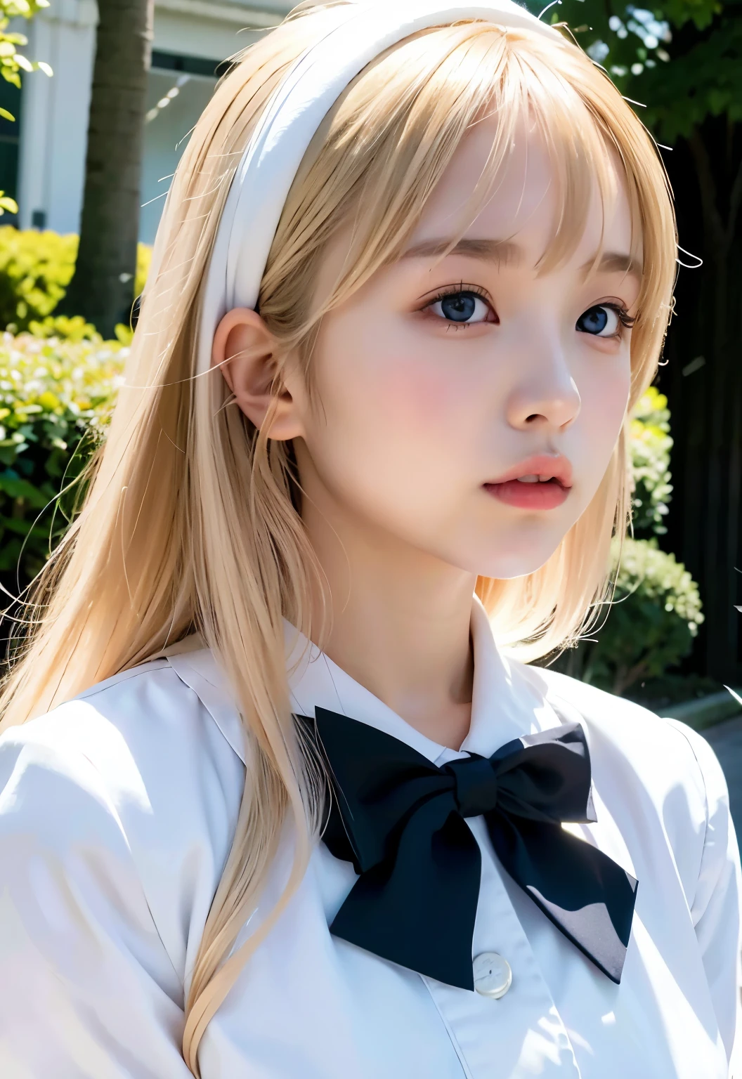 Bust Shot, Sailor suit, uniform, Very beautiful 16 year old girl, Shining, dazzling, shiny, white, beautiful skin, Beautiful Bangs, Beautiful platinum blonde with very long, straight, silky hair, Super long straight hair, eyeliner, Beautiful, sparkling, clear, big blue eyes