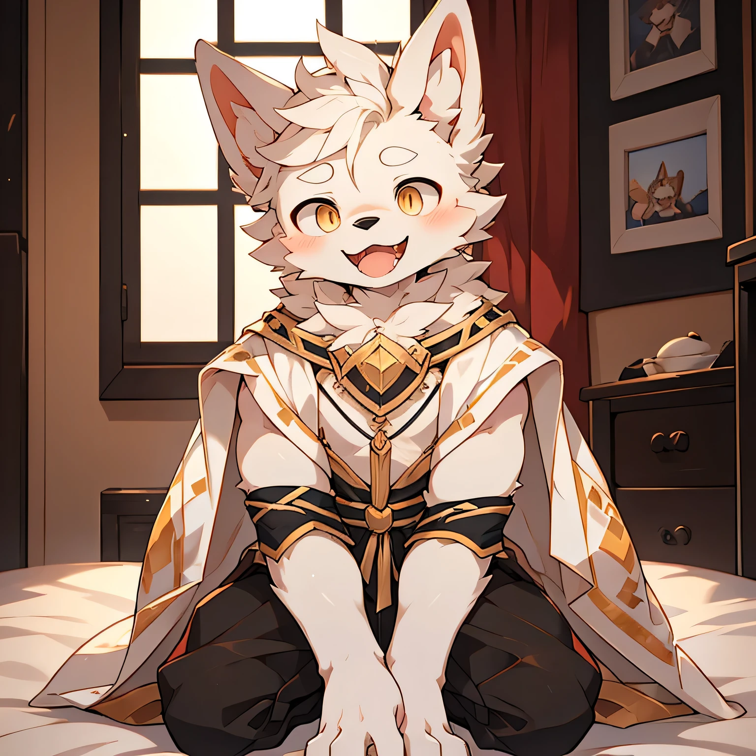 The only person,(Male dogs:1.5), (White skin:1.3), hairy,(White fur:1.3),((Golden pupils)) ,(White ears),(hairy animal ears),Covered with hair,Wearing a black robe,Black pants,Kneeling on the bed,Behind is the room,Face Focus,Delicate face,Delicate eyes,upper body,Front view,Red cheeks,Smile,Open your mouth slightly,Sticking out tongue,Slobber,Clever