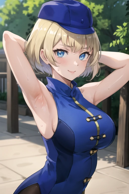 ((best quality)),((highly detailed)),masterpiece,absurdres,detailed face,beautiful face,(detailed eyes, deep eyes),1girl,((dynamic pose)), elizabeth, short hair, solo, bow, large breasts, cowboy shot, chinese town, outdoors, seductive smile, looking at viewer, wearing blue outfit, wearing hat, put your hands behind your head, armpits, armpits visible, sweaty armpits,