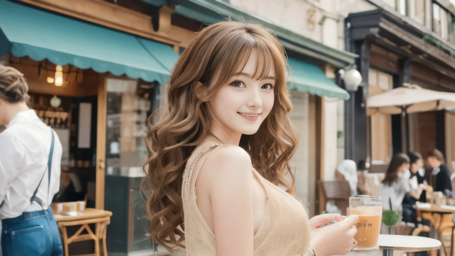 super high quality, Slender, Gravure photoshoot, The staff is working at the counter in the back., (8k、RAW Photos、highest quality、masterpiece:1.2), Japanese Idol, Sportswear, Stylish café, The cafe is crowded with people enjoying themselves., (Realistic、Photorealistic:1.37), Mesh Hair, Urban Cafe, Golden Ratio, Raw photo, Cute face , Light Brown Hair, Small breasts, Bright cafe interior, Blurred Background, Beauty salon model, Spring Clothes, Curly Hair, Beautiful hairstyle, Spoiled, Cafe Terrace, Open Cafe, Smile, Hair blowing in the wind, Neat clothes, 18-year-old, younger sister,