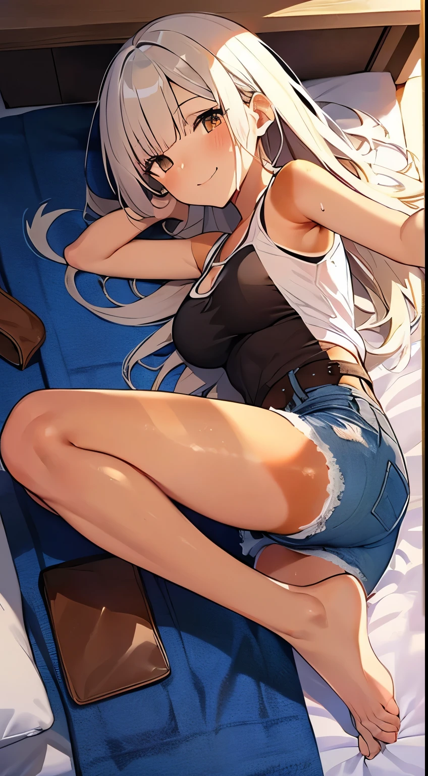 highest quality、Elementary school student bra、Beige shorts、Cute appearance、Stretch your legs in the room、Armpit sweat、Grass、Ecstasy face,(Attractive person), (girl1name), (Highly detailed face, smile) ,, (日本のgirl), Slightly round face, (Tan brown face:1.6), cute, Big eyes、2D,highest quality,(masterpiece),(((whole bodyが映る))),(((whole body))),(extra long hair:1.6),(bangs:1.3),((White hair)),Healthy brown skin,((Denim hot pants)),Leather Belt,Pink-Tank Top,Shining bare feet,barefoot,Beautiful brown eyes,Attractive thighs,Sloppy body type,Bedroom,get drunk,Upward glance,cheeks are bright red,あざとcute,Sleeping face like an angel,Erotic look,whole bodyに汗の大きな滴,humid,Waistline、My Room、(Sleeping on your stomach:1.1),(Angle shot from directly above:1.2),Poses that accentuate the buttocks,Angle to emphasize the buttocks,Sole