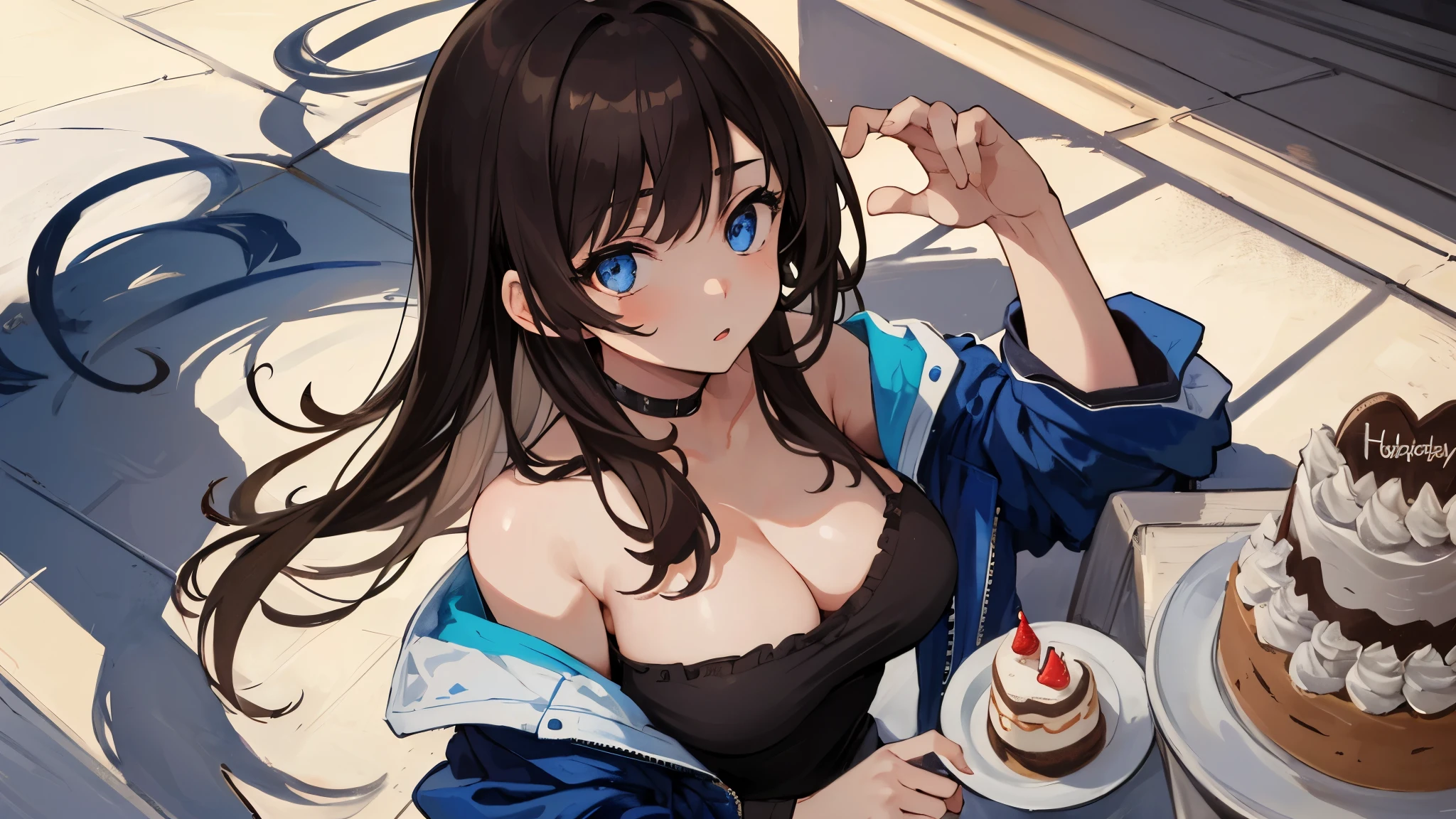 (masterpiece, highest quality, Very detailed, Best Shadow), (Beautifully detailed face), High Contrast,1girl,only,Dark brown hair,Straight Long Hair,Side Tail,Blue, clear eyes,Upper Eye,Shorts, Off the shoulder,Jacket,She has big breasts,whole body,20generation,birthday cake