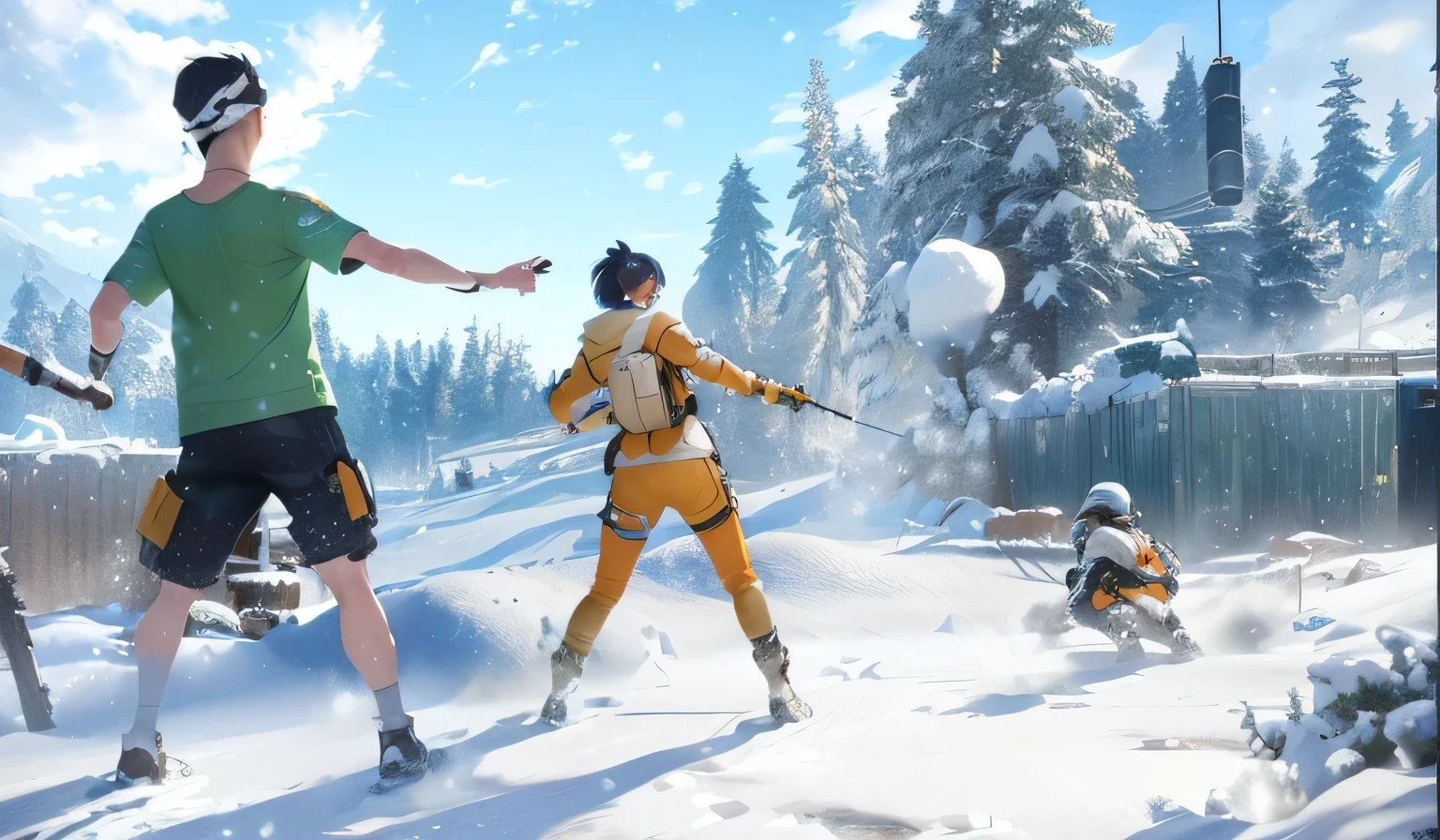 there are three people playing a game in the snow, 2020 video game screenshot, trending on unreal 5, trending on unreal engine 5, akihiko yoshida. unreal engine, mirrors edge art style, summer unreal engine 5, gameplay still, unreal 6 breathtaking detailed, makoto shinkai ( apex legends ), frostbite 3 rendered