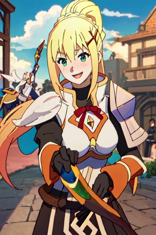 highest quality, masterpiece, High resolution, alone, {Lalatina_Dusty_ford_KonoSuba:1.15}, blonde_hair, length_hair, hair_ornament, Vatu_hair_ornament, long hair, green_eye, Parody, Open_mouth, One girl, Day, null, smile, armor, green_null, cloud, gloves