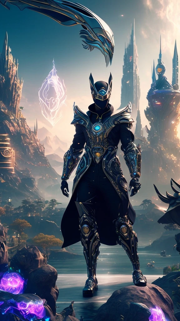 8k、Fantastic Wizard、Near future, (Black Body Suite), ((Cybernetic Visor)), gadget, (Bright white utopian city background with lots of animals)