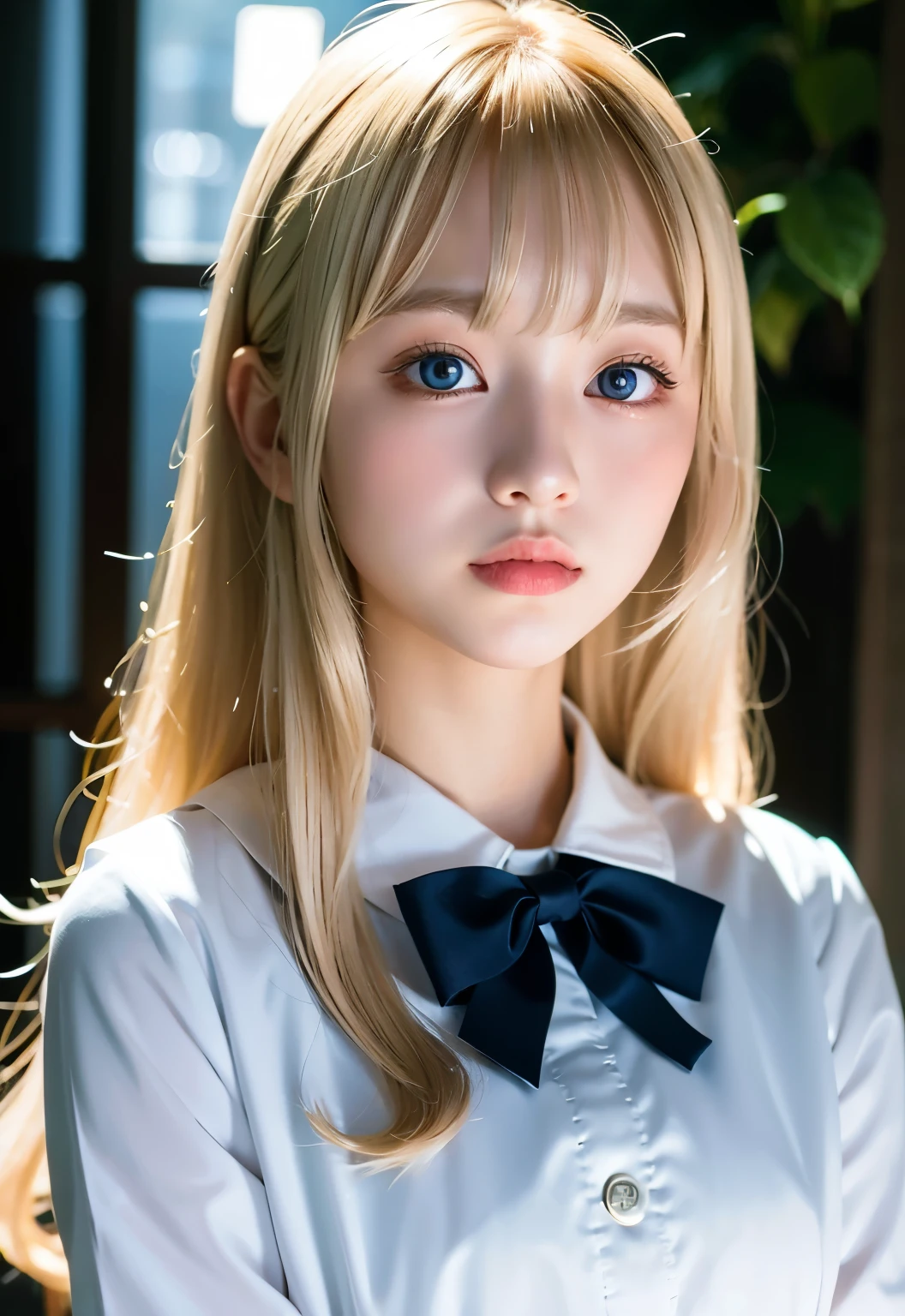 Bust Shot, Sailor suit, uniform, Very beautiful 16 year old girl, Shining, dazzling, shiny, white, beautiful skin, Beautiful Bangs, Beautiful platinum blonde with very long, straight, silky hair, Super long straight hair, eyeliner, Beautiful, sparkling, clear, big blue eyes