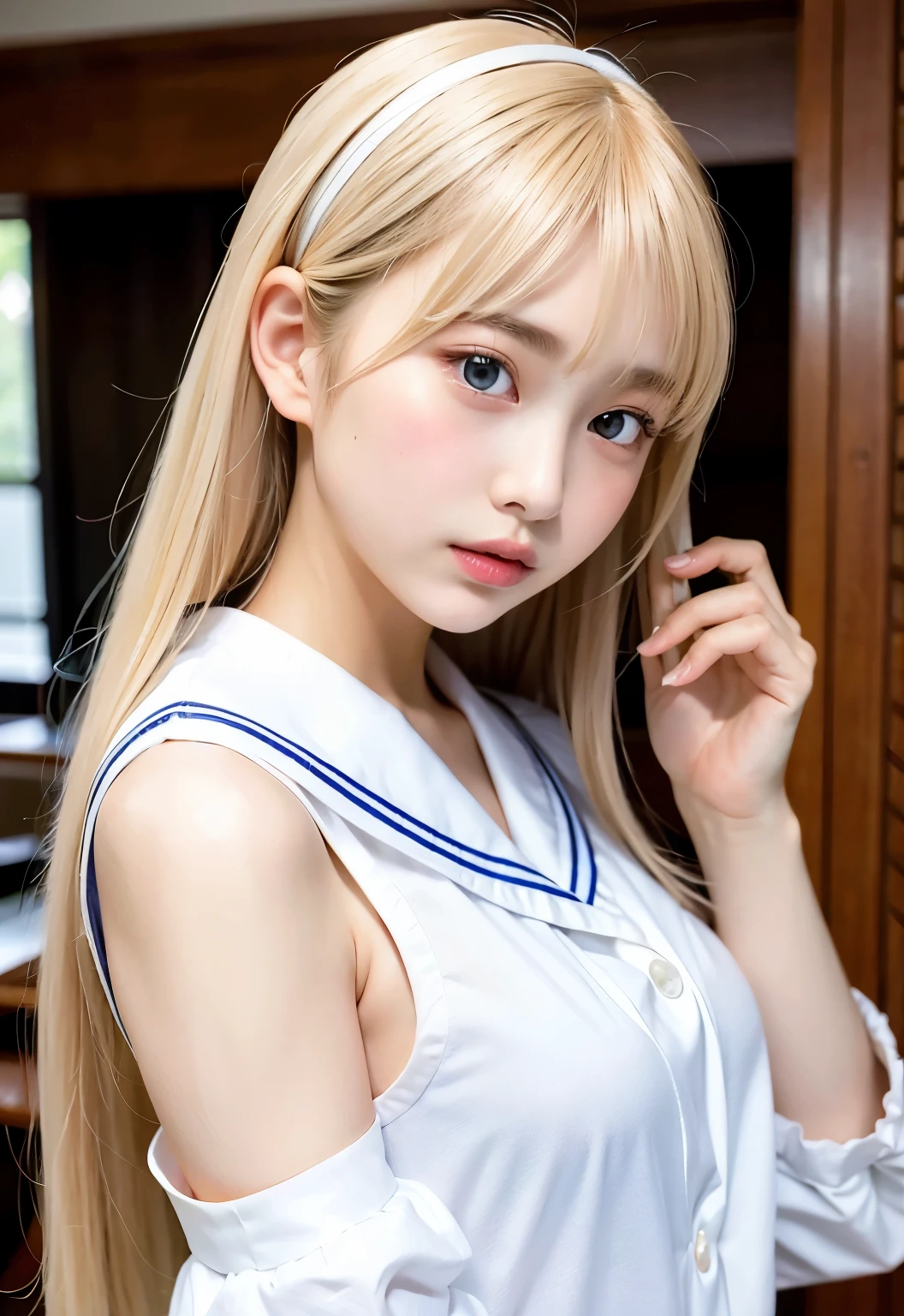 Bust Shot, Sailor suit, uniform, Very beautiful 16 year old girl, Shining, dazzling, shiny, white, beautiful skin, Beautiful Bangs, Beautiful platinum blonde with very long, straight, silky hair, Super long straight hair, eyeliner, Beautiful, sparkling, clear, big blue eyes