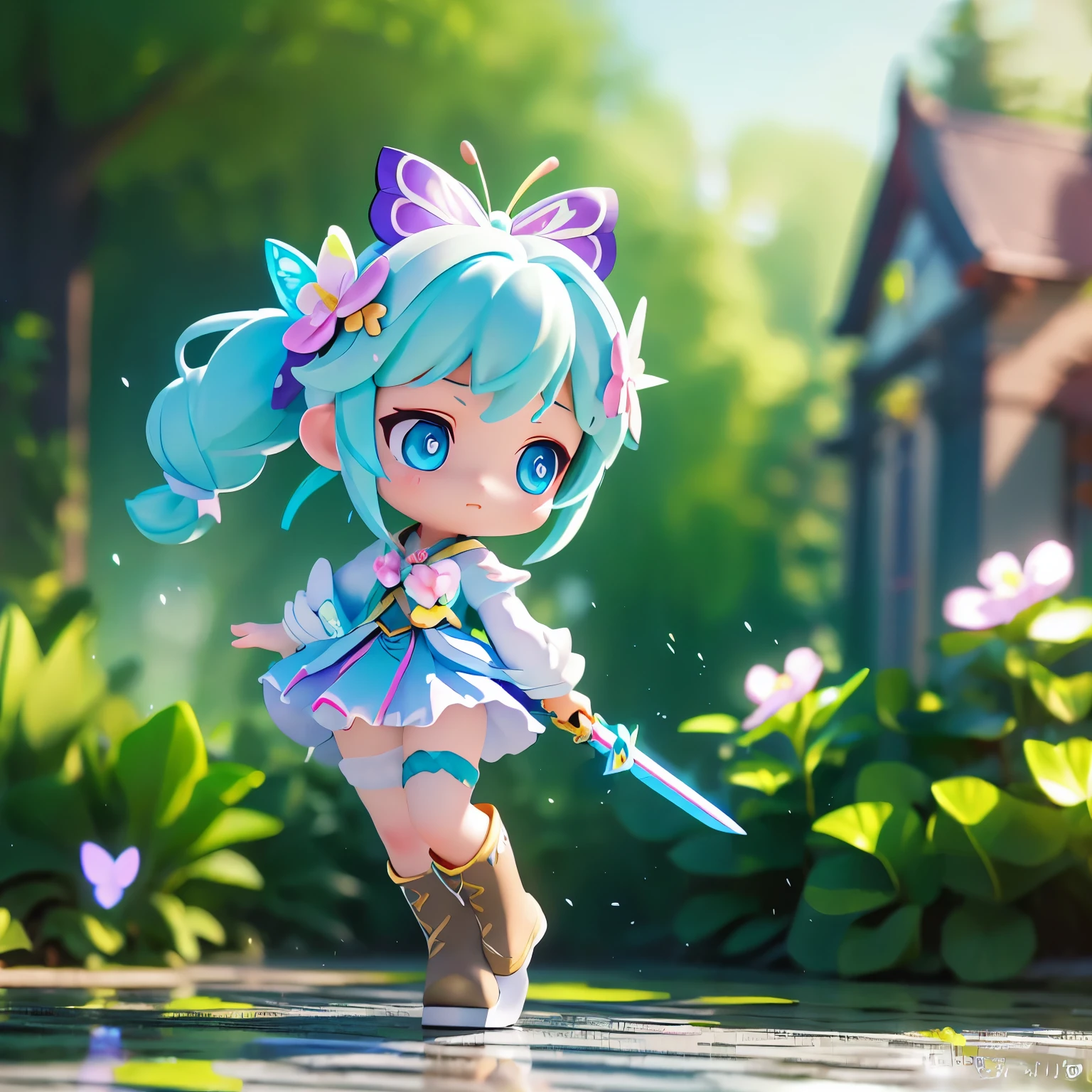 Octane Render、(Hyper-detailing: 1.15)、cinematic lightening、Sword Practice、long sword、Knee-high boots、super fine eyes、Full Paint、(floral hair ornament、butterfly hair ornament)、muste piece、anatomically correct、Blur、Depth of the bounds written