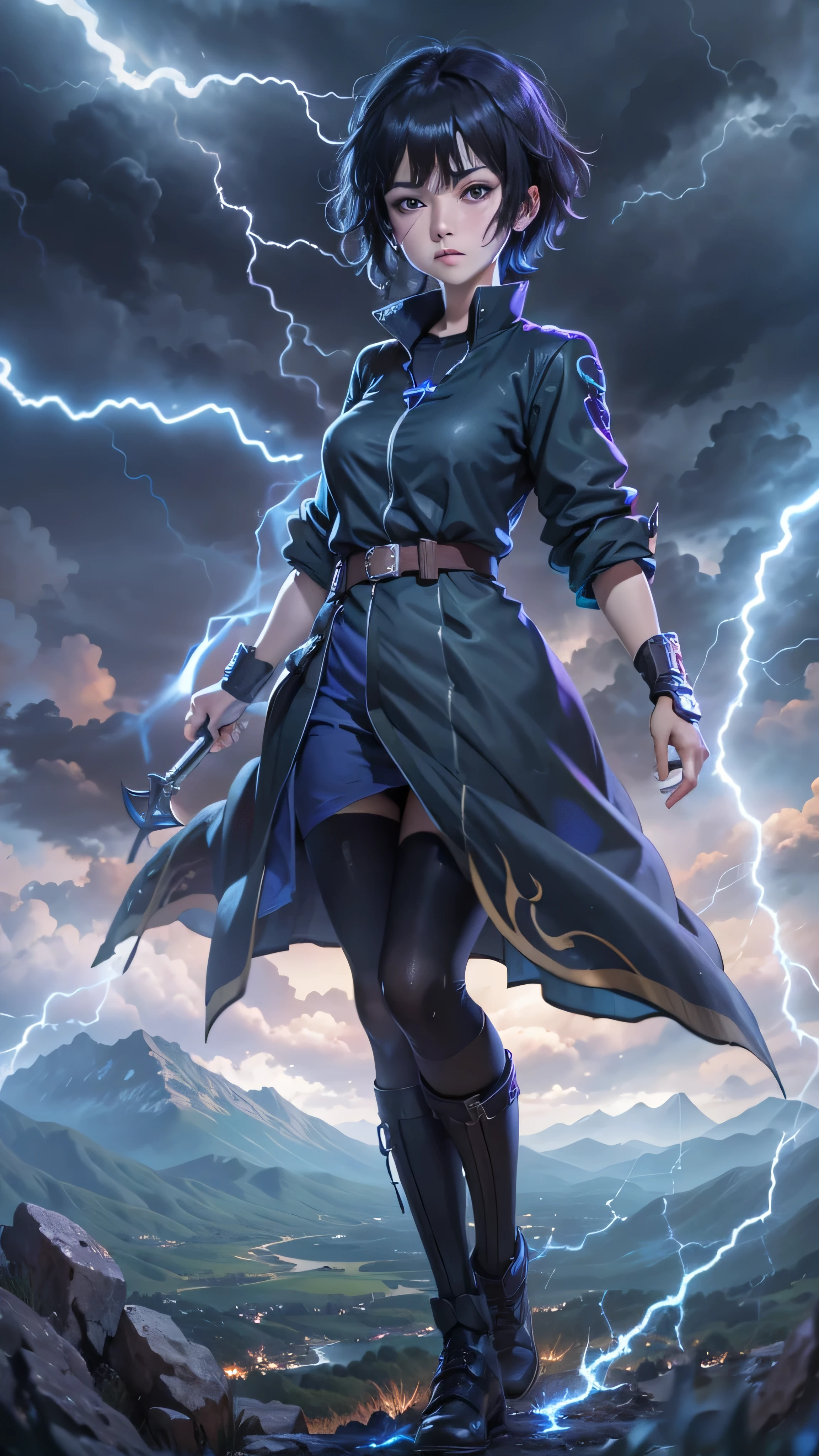 1girl, highly detailed, masterpiece, best quality, correct hands, small breasts, short black hair, short hair, blue eyes, black robe, black pants, purple shirt, blue vest, defined curves, smug look, satisfied look, mountain background, storm, lightning, stormy atmosphere, flying, floating above the ground, surrounded by lightning, static sparks, sword