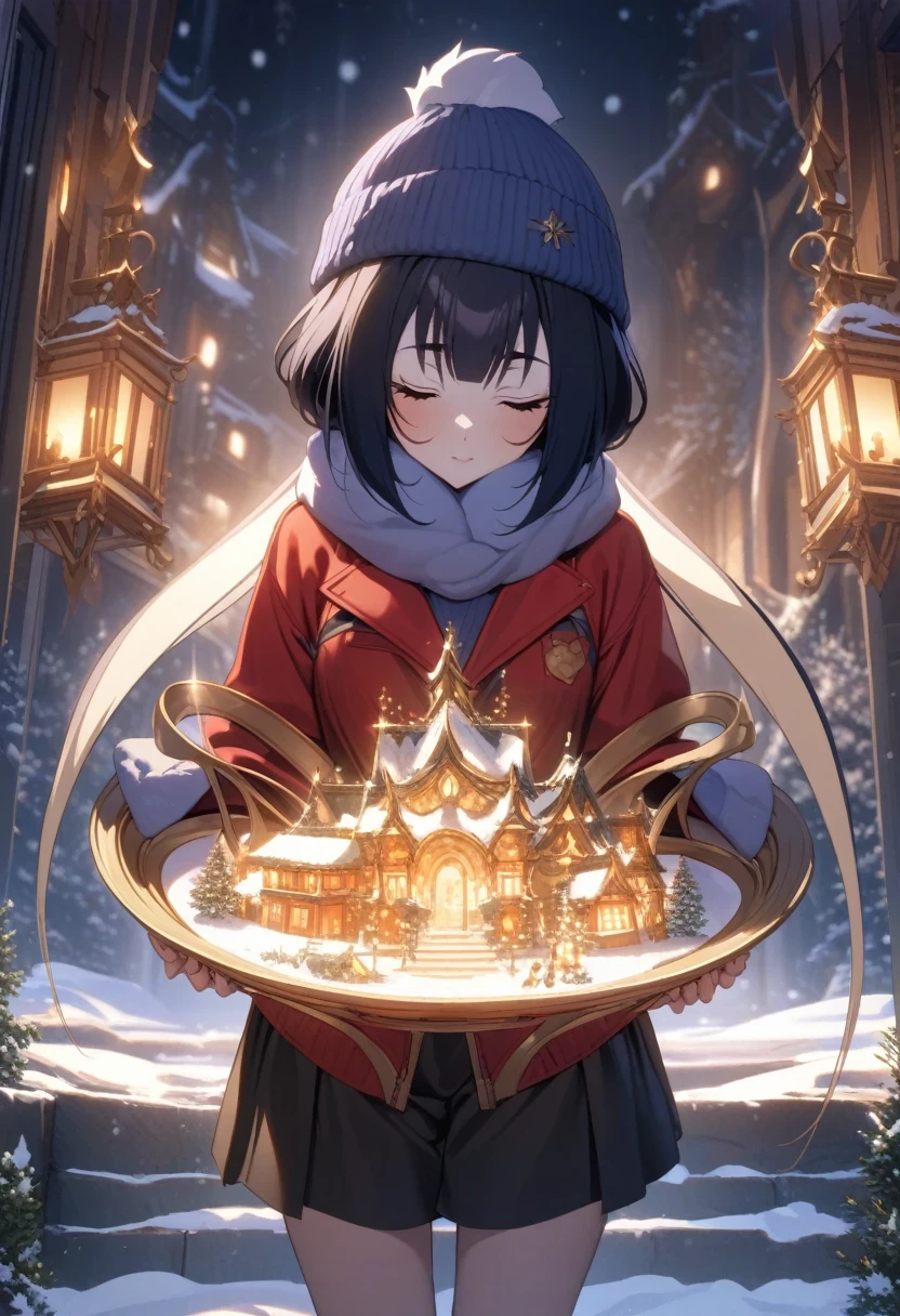 (shylily/(Twich/):1.5),(masterpiece:1.2),(best quality:1.2),ice skating、snow、outdoor、Red Jacket、white knit、Knitted hat、Black skinny shorts、Surreal Japanese portrait, Perfect lighting, Perfect hands, Perfect anatomical structure、Outstanding style,Hair between the eyes、Red stilettos、Rainbow-colored aurora can be seen in the snowy plains(1:2)