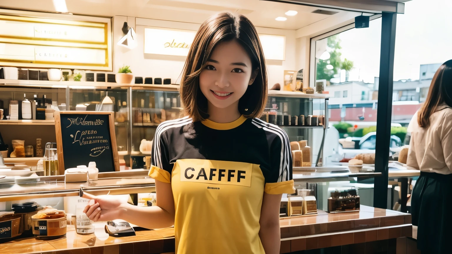 super high quality, Short Hair, Slender, Gravure photoshoot, The staff is working at the counter in the back., (8k、RAW Photos、highest quality、masterpiece:1.2), Japanese Idol, Sportswear, Stylish café, The cafe is crowded with people enjoying themselves., (Realistic、Photorealistic:1.37), Mesh Hair, Urban Cafe, Golden Ratio, Raw photo, Cute face , Light Brown Hair, Small breasts, Bright cafe interior, Blurred Background, Beauty salon model, Spring Clothes, Beautiful hairstyle, Spoiled, Cafe Terrace, Open Cafe, Smile, Hair blowing in the wind, Neat clothes, 18-year-old, younger sister,