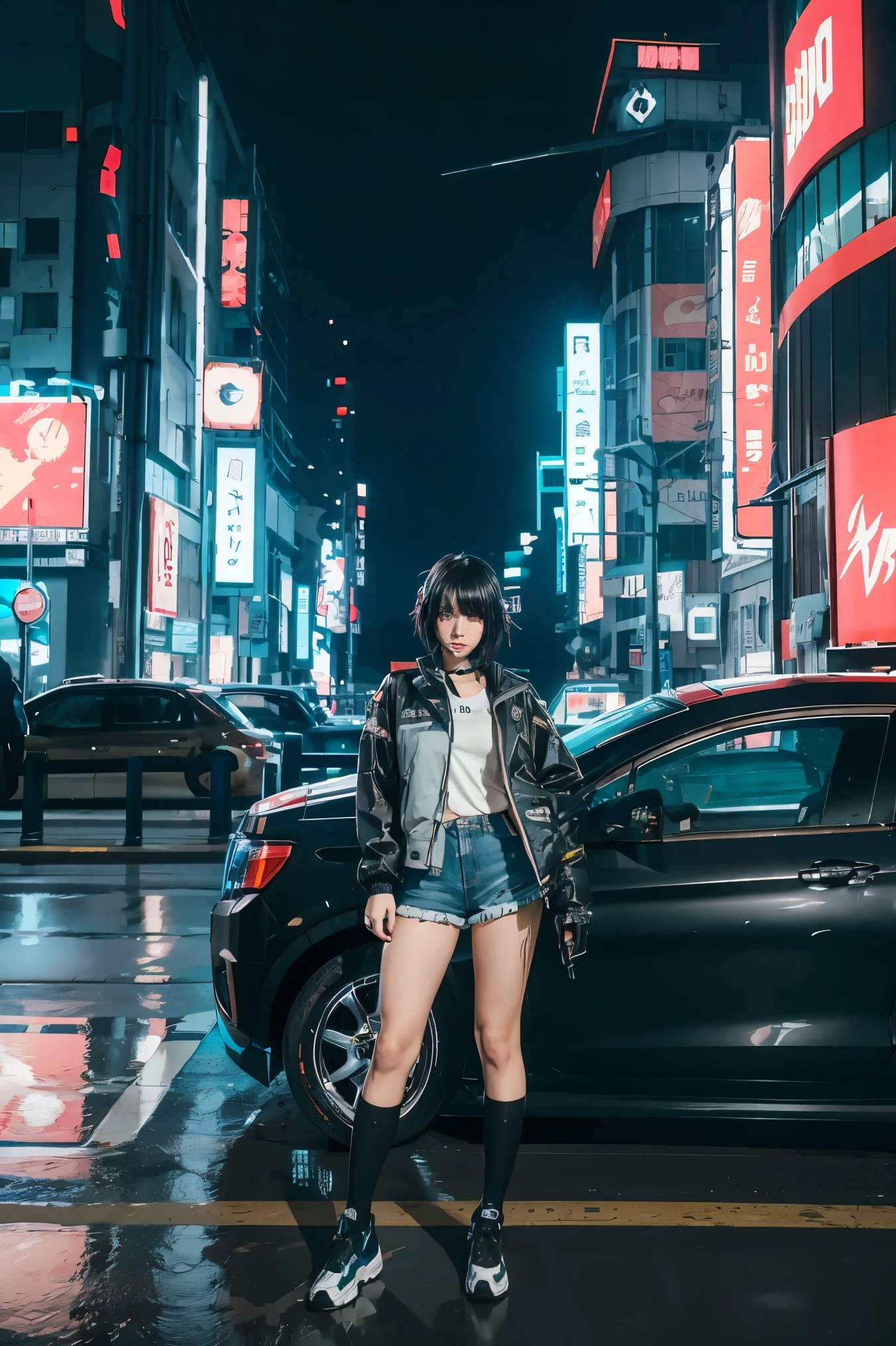 anime girl in short shorts and jacket standing next to giant robot, artwork in the style of guweiz, cyberpunk anime girl mech, trending on cgstation, guweiz, by Russell Dongjun Lu, digital cyberpunk anime art, ross tran 8 k, guweiz on artstation pixiv, girl in mecha cyber armor